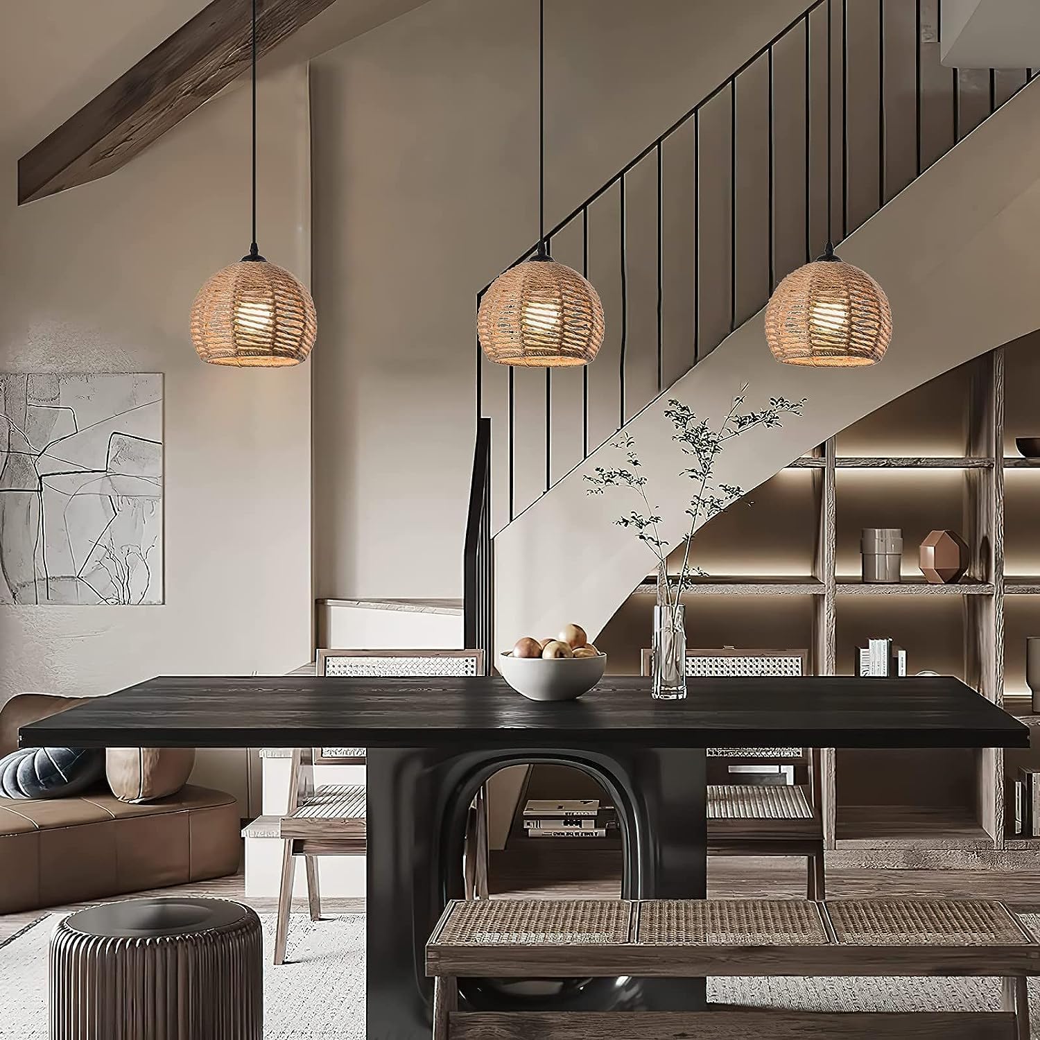 Ayshwilldec 3-Pack Woven Pendant Light, Boho Chandelier, Hemp Rope, Rustic For Dining Room & Kitchen