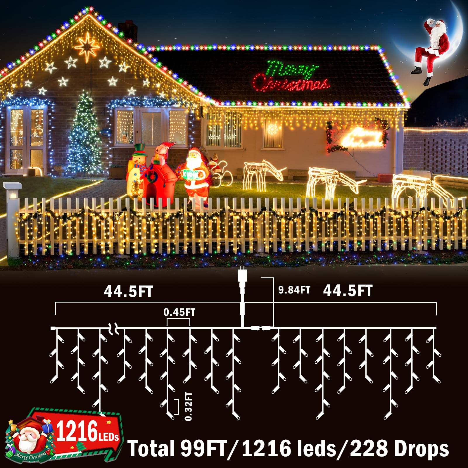 Christmas Lights Outdoor Decorations 1216 Led 99Ft 8 Modes Curtain Fairy String Light With 228 Drops, Clear Wire Led String Light Indoor Decor For Wedding Party Holiday Christmas Decoration Warm White