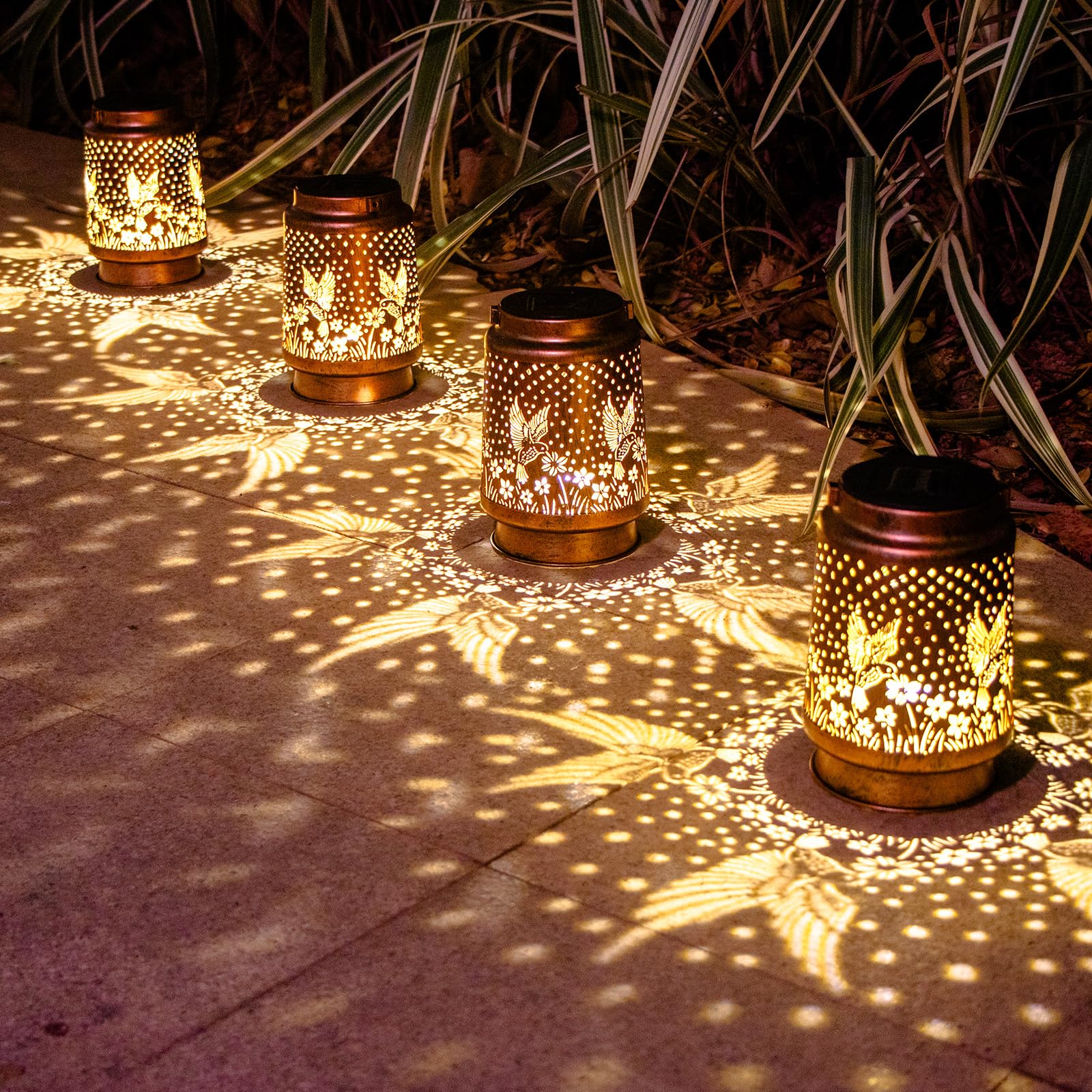 DIBIEECN Hummingbird Solar Lantern Lights - 2 Pack, Waterproof Metal Decor, LED, Bronze, Model MD-DOUBLE-02