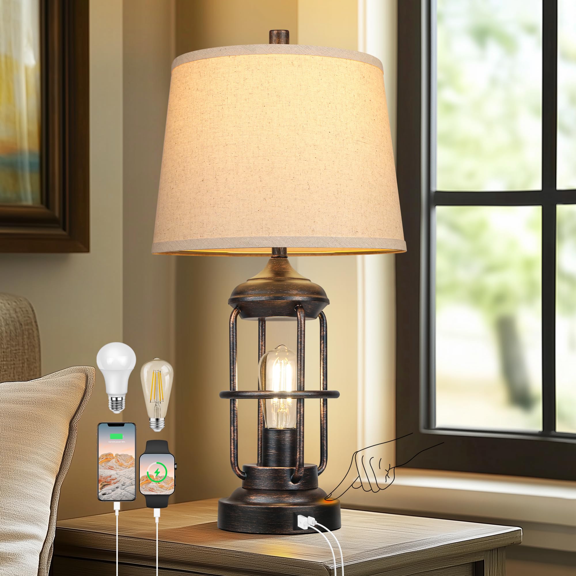 Qimh Table Lamp For Living Room With Usb A+C Ports, Farmhouse Bedside Lamp With Nightlight, 3-Way Dimmable Touch Control, Retro 