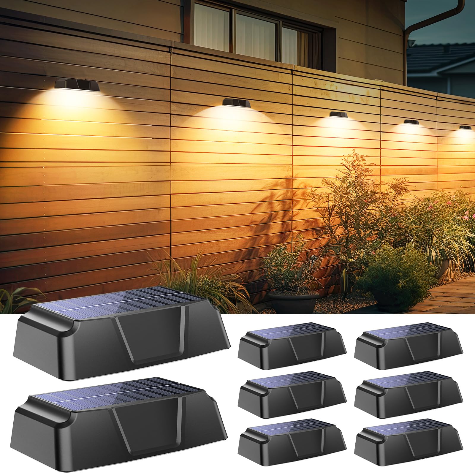 Solar Fence Lights - 8 Pack Outdoor Lights with Warm, Cool White & 7 RGB Solid Colors, IP65 Waterproof, Ideal for Deck, Patio, Y
