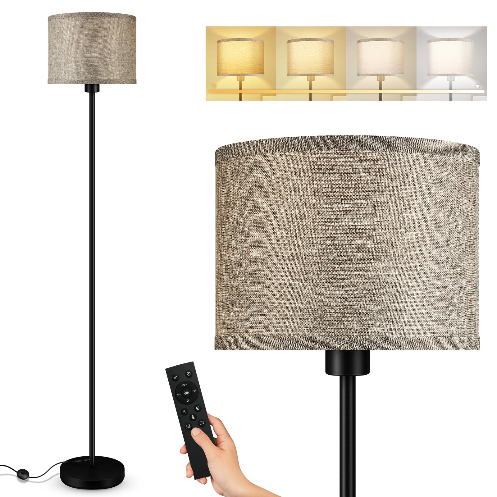 Bricosmocon Floor Lamp, Stepless Dimmable LED, 10W/1200LM, 2700K-6500K, Jute, Model B1186