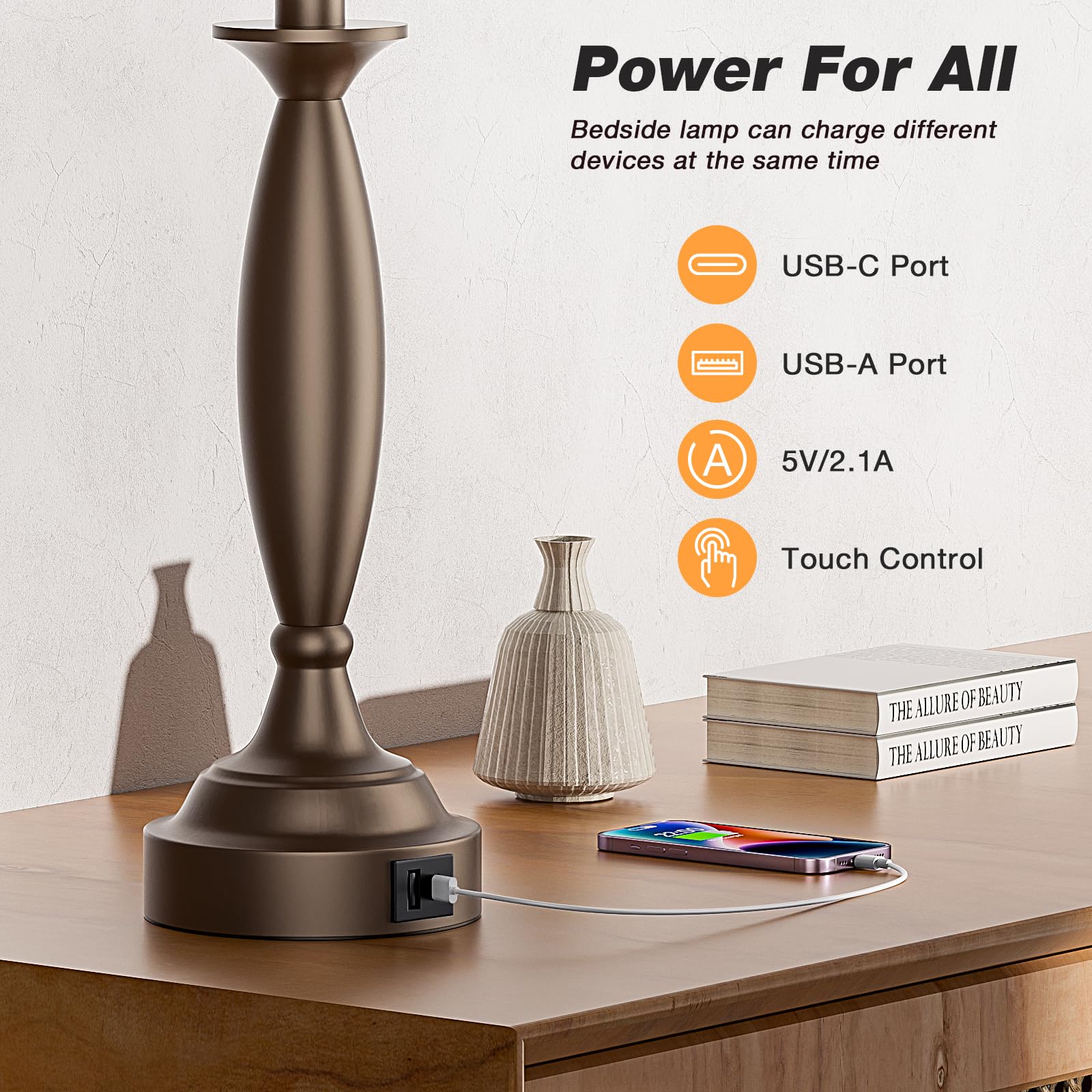 Beige Brown Lamps For Bedrooms Set Of 2 - Touch Control Bedside Lamp With Usb C+A, 3 Way Dimmable Nightstand Lamps With Usb Port