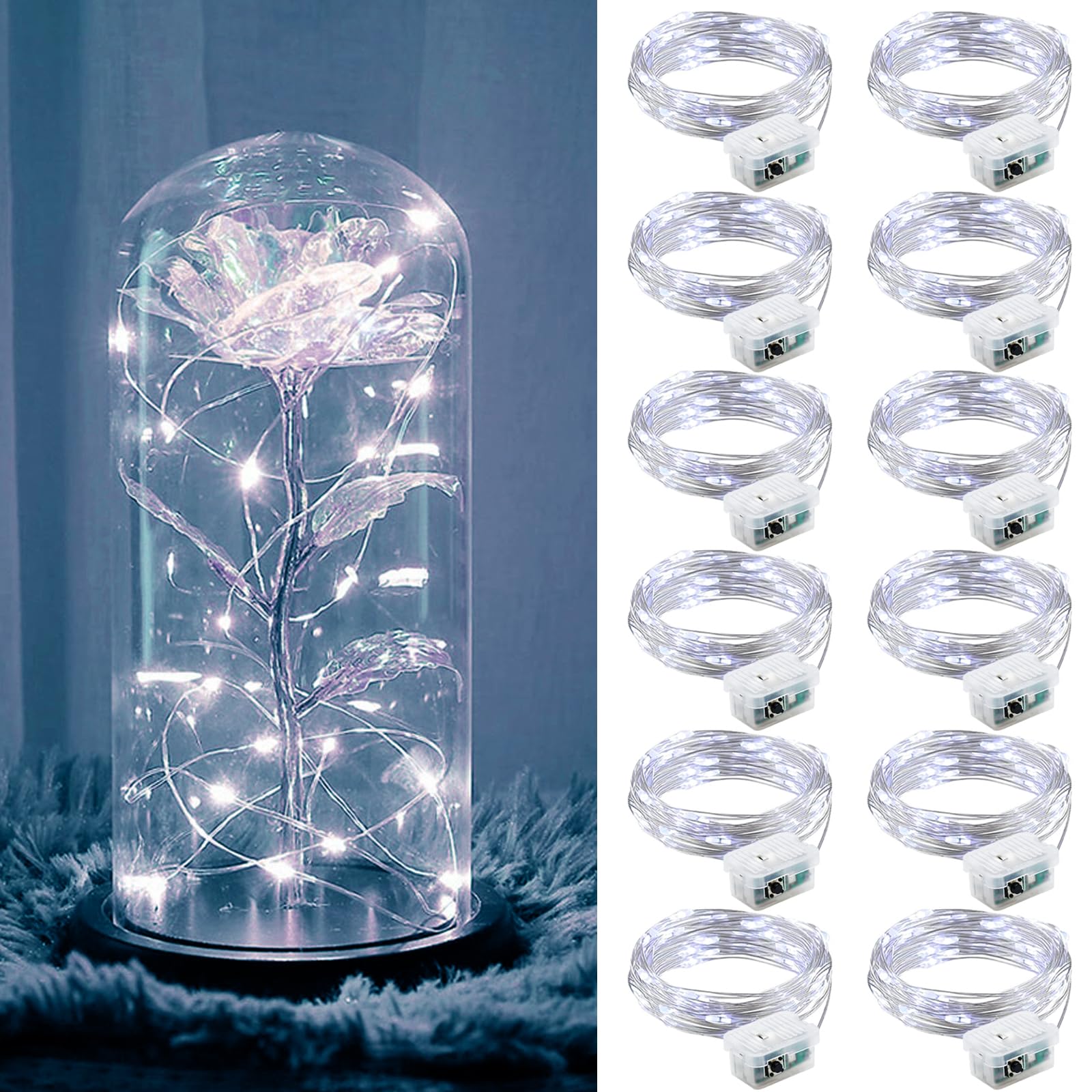 ZGWJ 12 Pack Fairy Lights, 7ft 20 LED Copper Wire, Battery Operated, Silver White, Model A01-Mini, Perfect for DIY, Parties, and Decorations