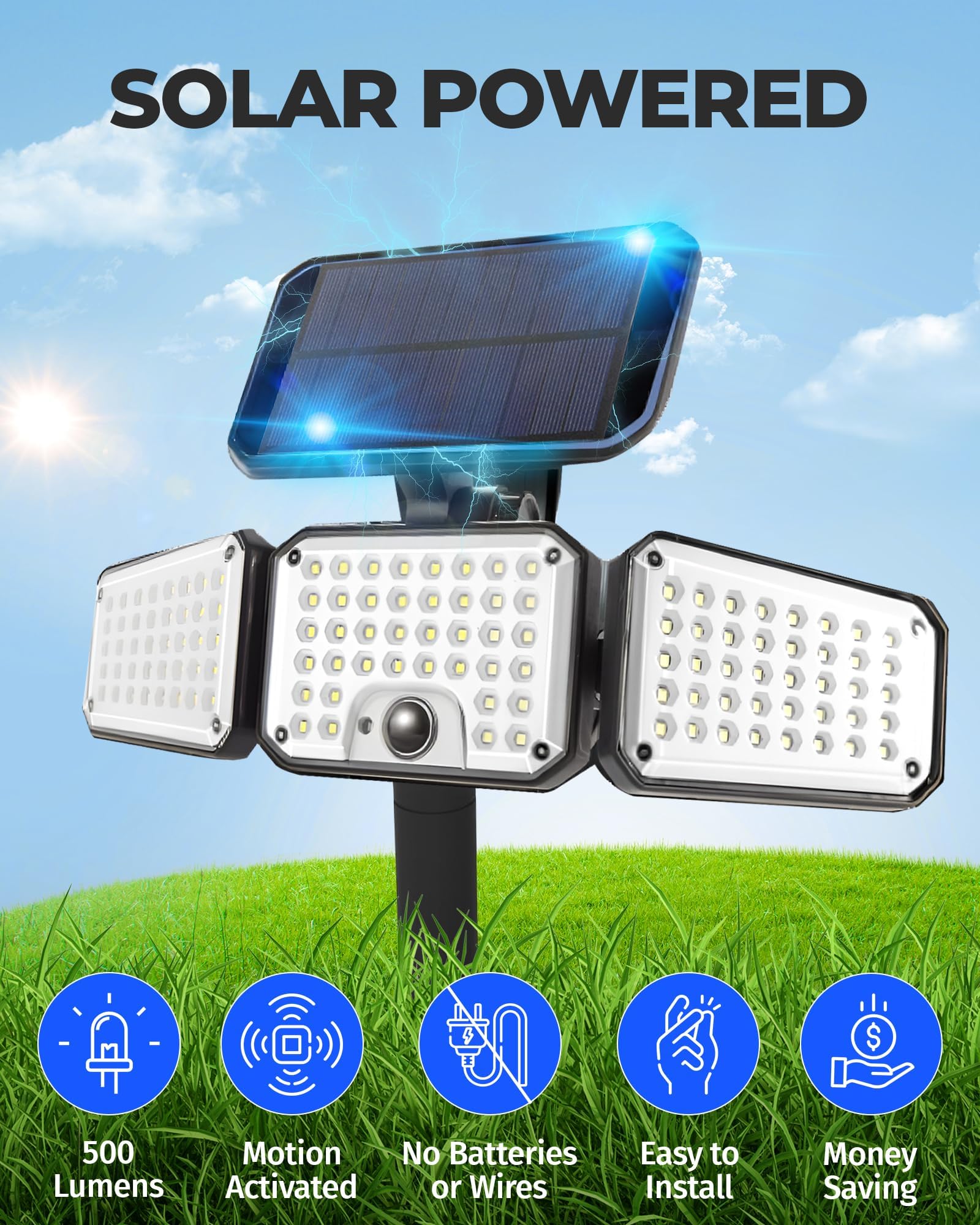 Bell+Howell Bionic Flood Light AS SEEN ON TV, 500 Lumen Deluxe Version Bionic Floodlight, LED Solar Flood Lights Outdoor Motion
