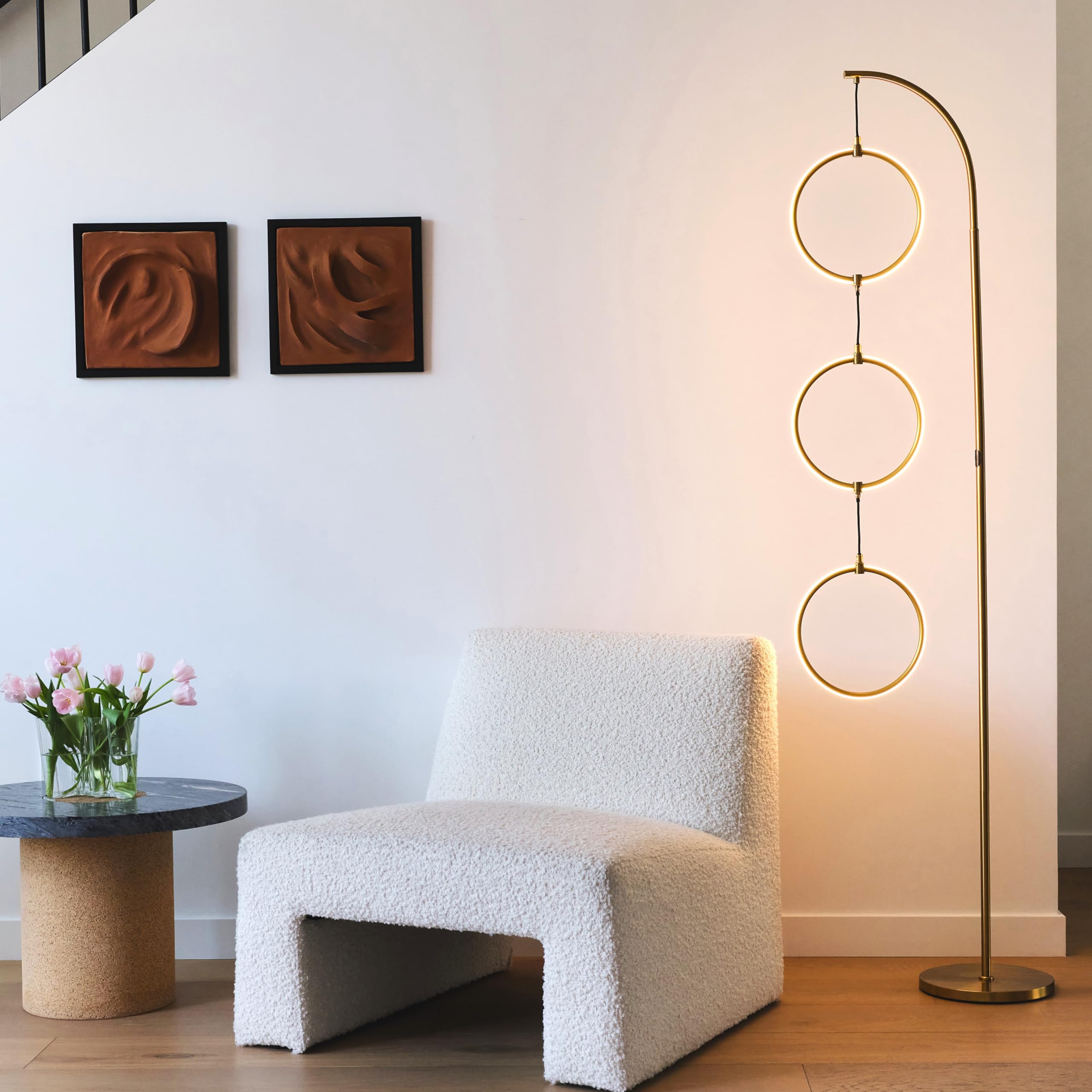 Brightech Nova Modern Floor Lamp - Brass Arc Lamp with 3-Circle Pendant - Contemporary Design for Living Room - Model FL-NVA-BRS
