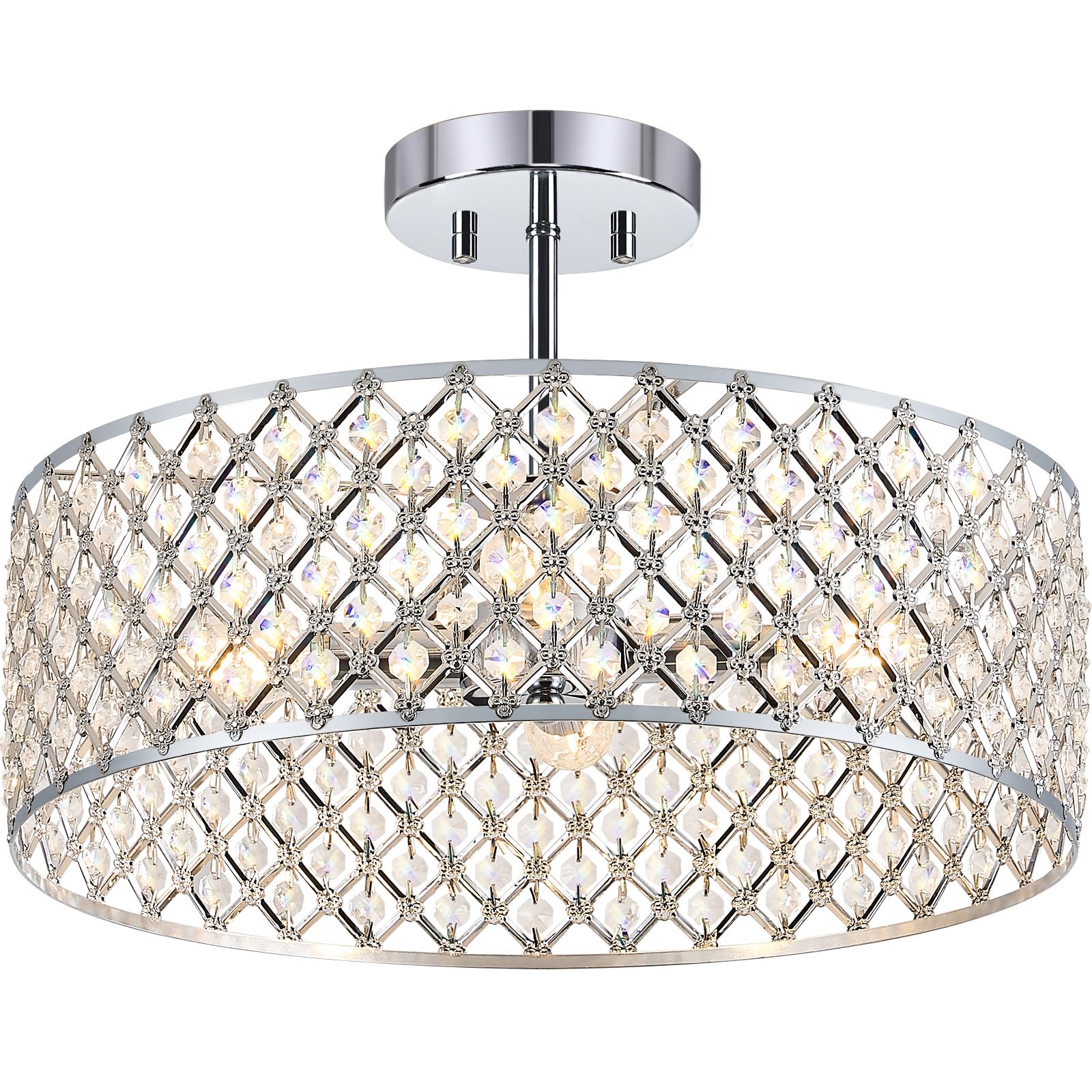 Bzvesr Chrome Crystal Ceiling Light Fixture Modern Semi Flush Mount Ceiling Lighting Fixture Round Small Chandelier For Dining Room  Hallway  Entryway  Kitchen  Bedroom Foyer 4 Light 15.7 Inch
