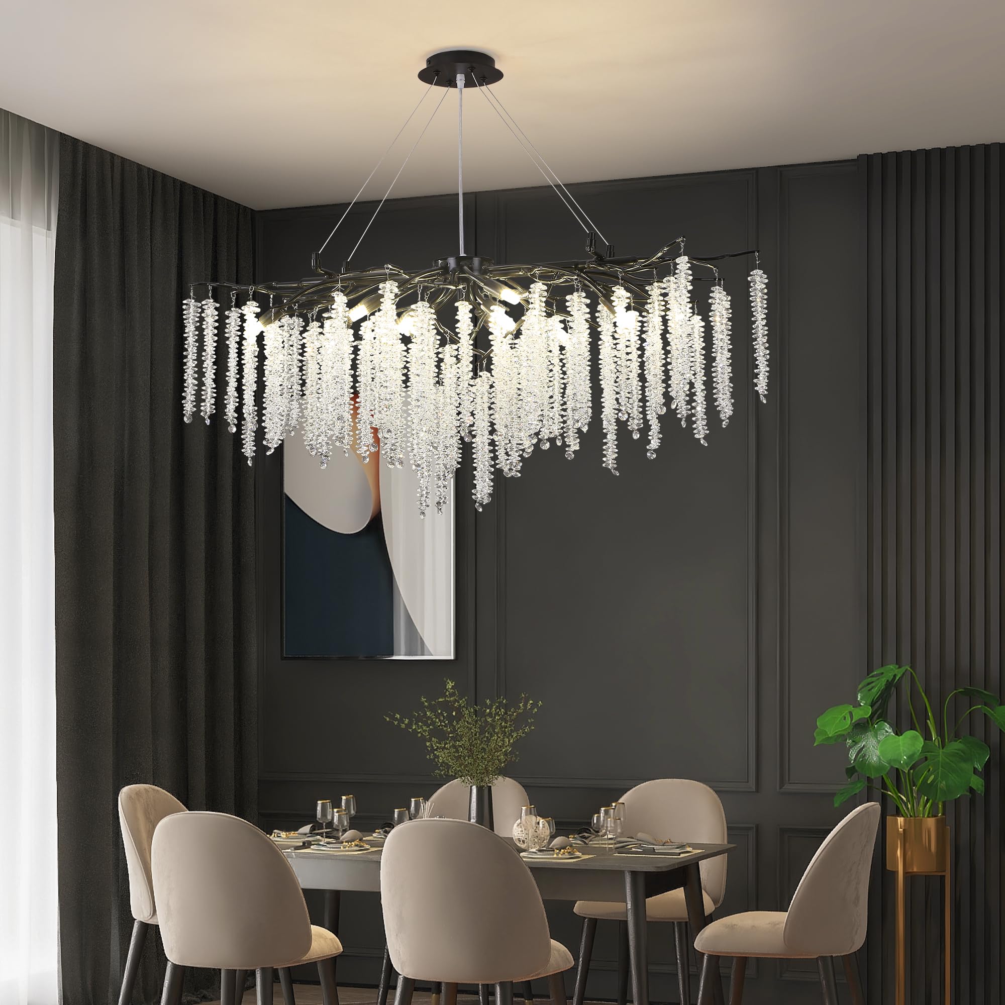 Upfelw Modern Crystal Tree Branch Chandelier Black, L42'' Art Deco Large Rectangle Linear Raindrop Indoor Lighting Fixture For D