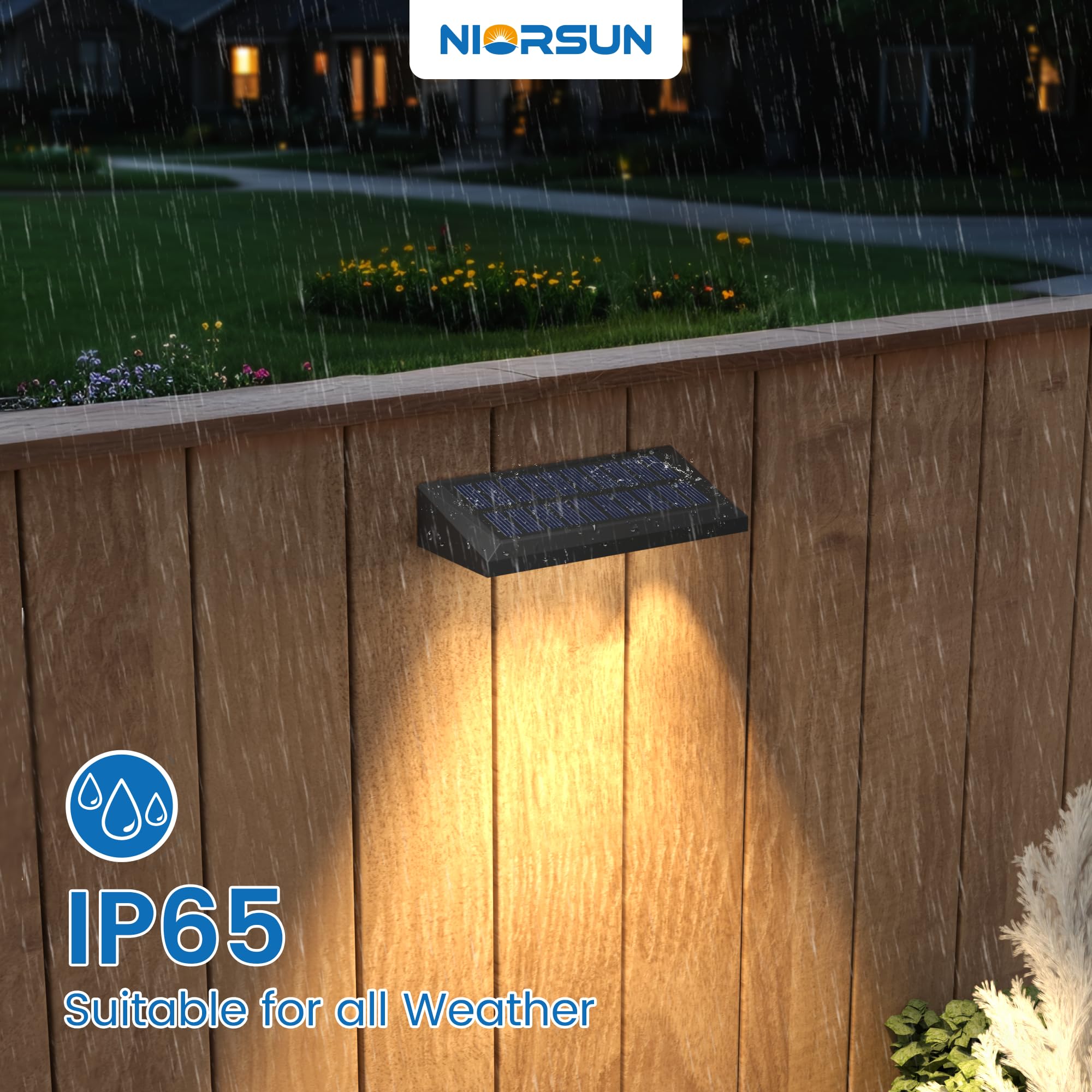 Niorsun Fence Lights Solar Powered, Solar Fence Light Outdoor Warm White Led, Ip65 Waterproof Fence Solar Lights For Deck, Patio