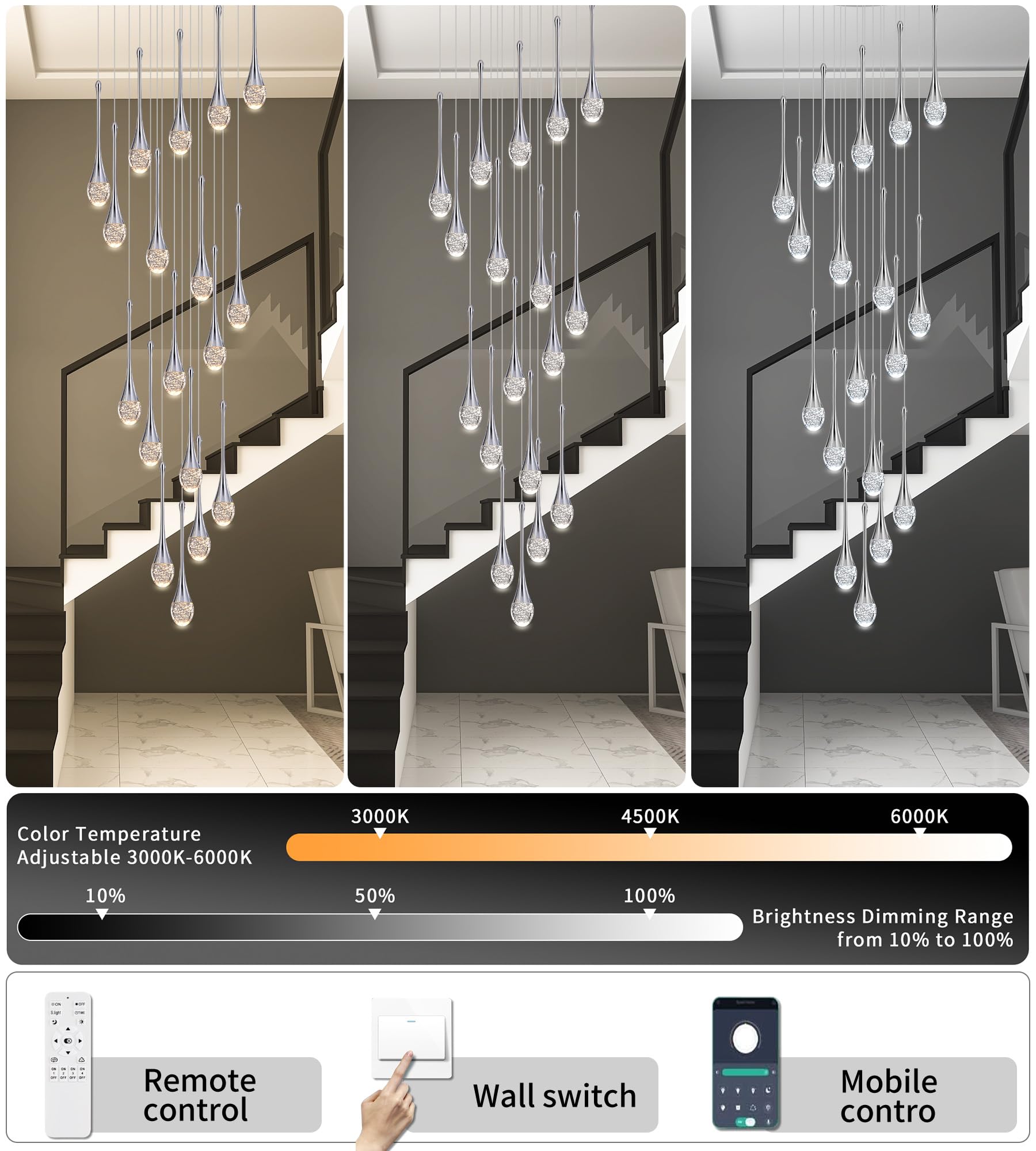 Upfelw Modern Crystal Staircase Chandelier Polished Chrome 18-Lights  H118 Large High Ceiling Spiral Dimmable Led Raindrop Foyer Entryway Light Fixture Remote Control