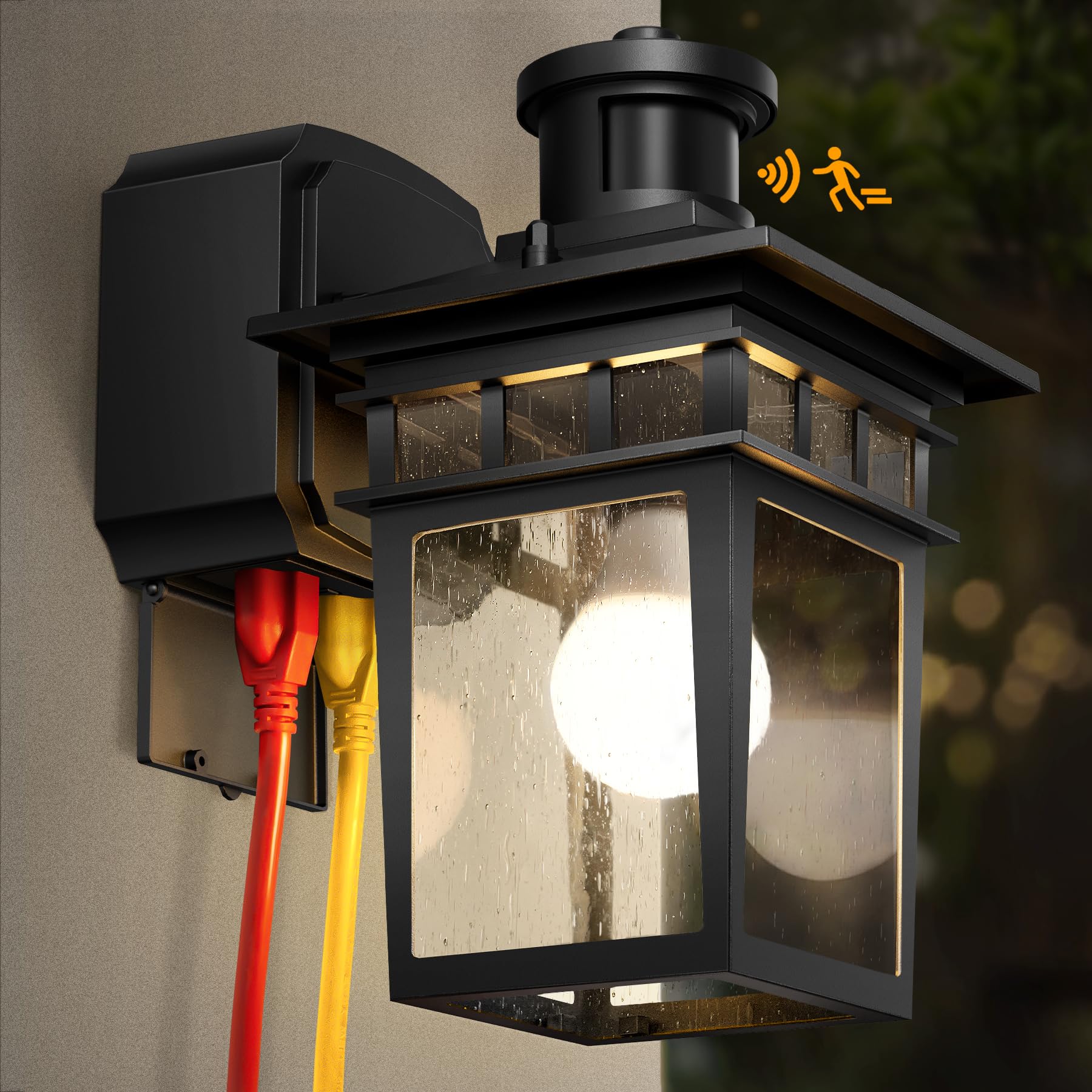 APOTO Porch Lights with GFCI Outlet, Black Dusk to Dawn Motion Sensor Outdoor Light, 3-Mode Wall Exterior Lighting Fixture, Wate