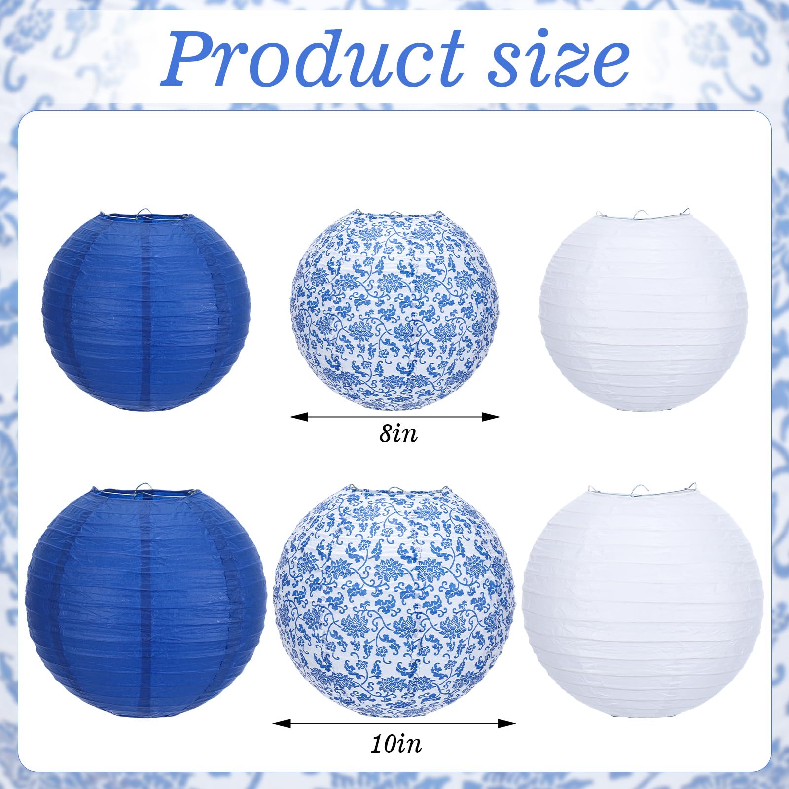 Riakrum 18 Pcs Chinoiserie Paper Lantern Set 10'' 8'' Blue And White Porcelain Print Round Lantern Chinese Japanese Hanging Pape