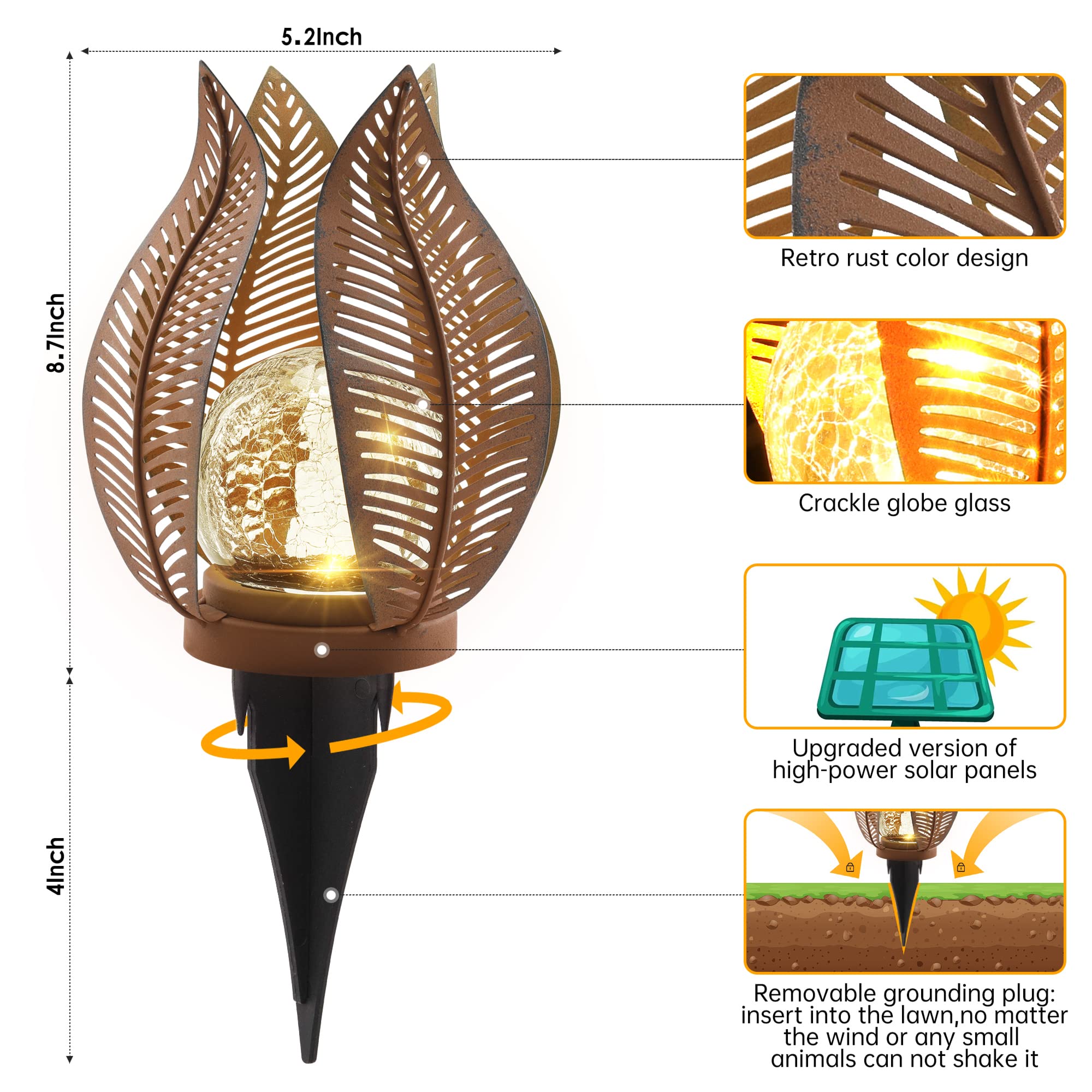 QZGE Solar Outdoor Lights, Waterproof  le Glass Globe, Metal Yard Art, Rust Finish, Model 03