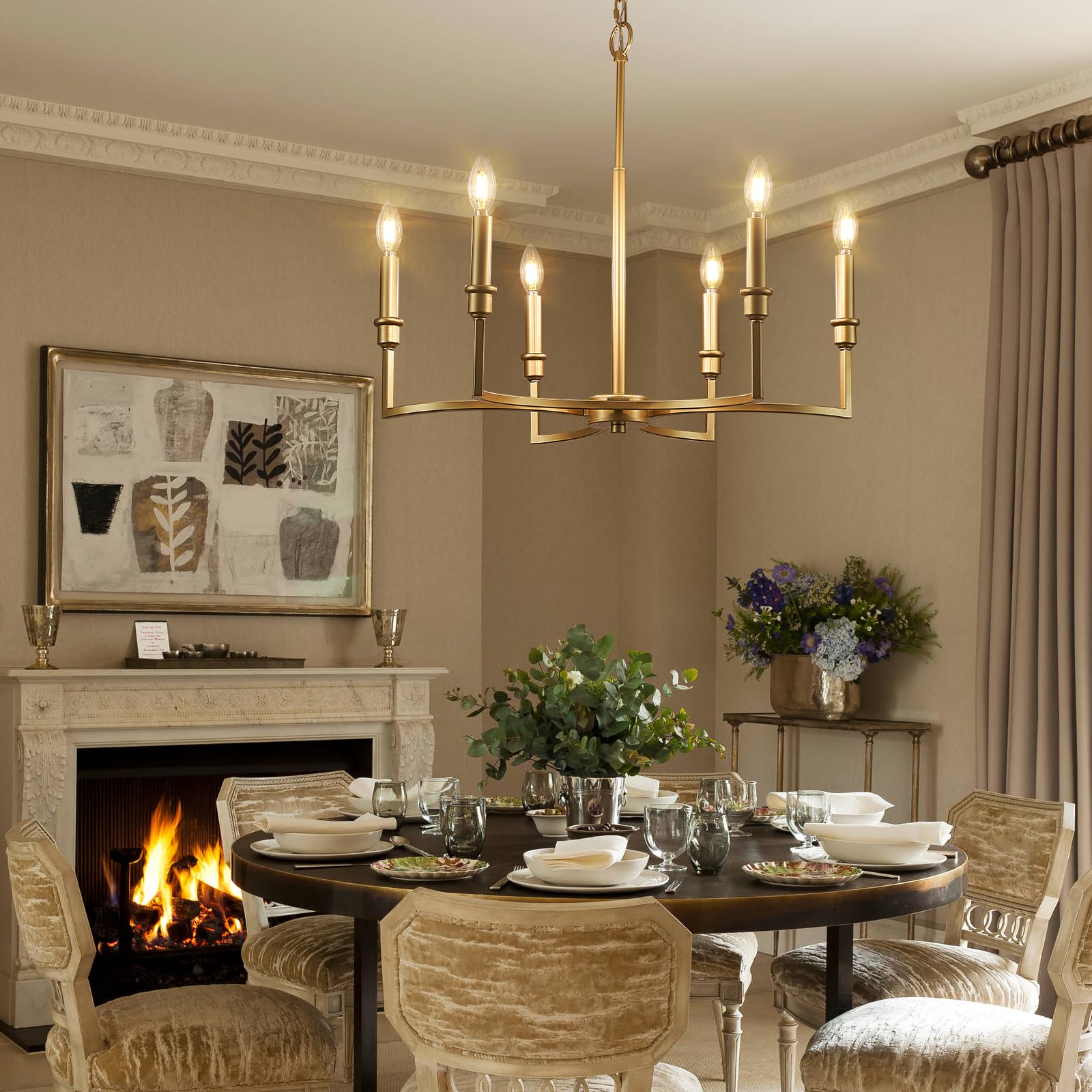 Caraluxe Gold Chandelier Light Fixture 6-Light Candle Dining Room Chandelier Lighting Over Table Vintage Brass Metal Chandeliers