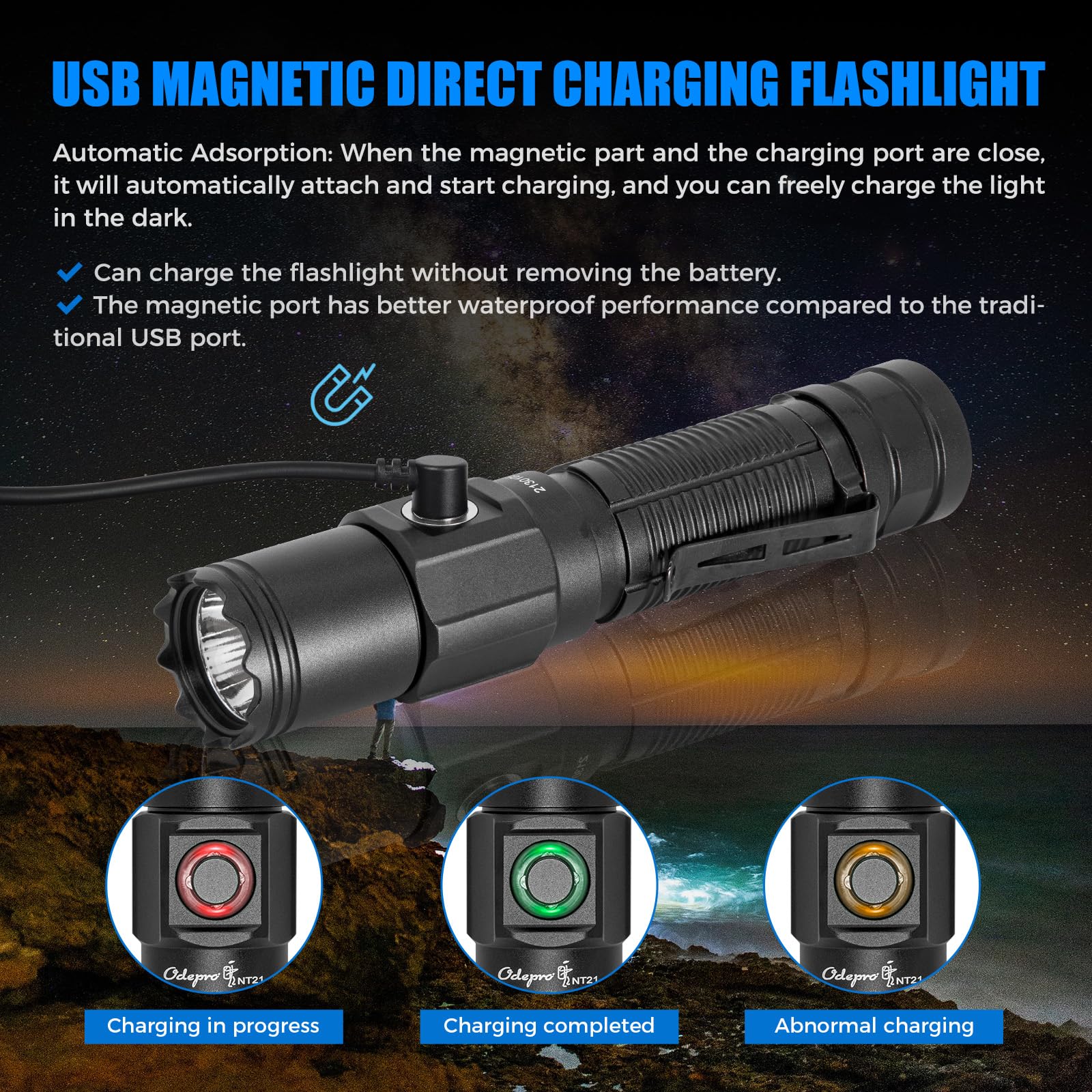 Odepro NT21 Rechargeable Flashlight - 1200 Lumens, IP67 Waterproof, 5 Modes, 984ft Throw, Small Red Aluminum Torch