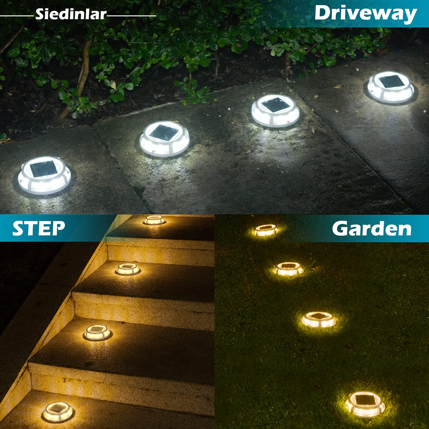 SIEDiNLAR Solar Deck Lights Outdoor 2 Modes 16 LEDs Dock Light Driveway Markers Solar Powered Waterproof for Ground Step Pathway