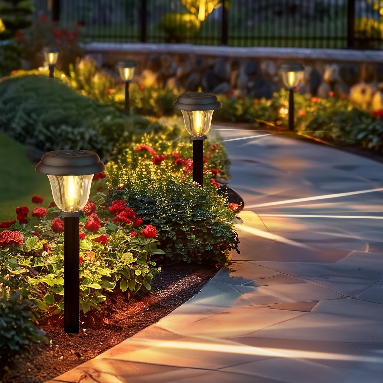 Deraysion Solar Lights Outdoor 6 Pack, Stainless Steel Glass Solar Pathway Lights, Auto On/Off Long-Lasting Ip65 Waterproof Land