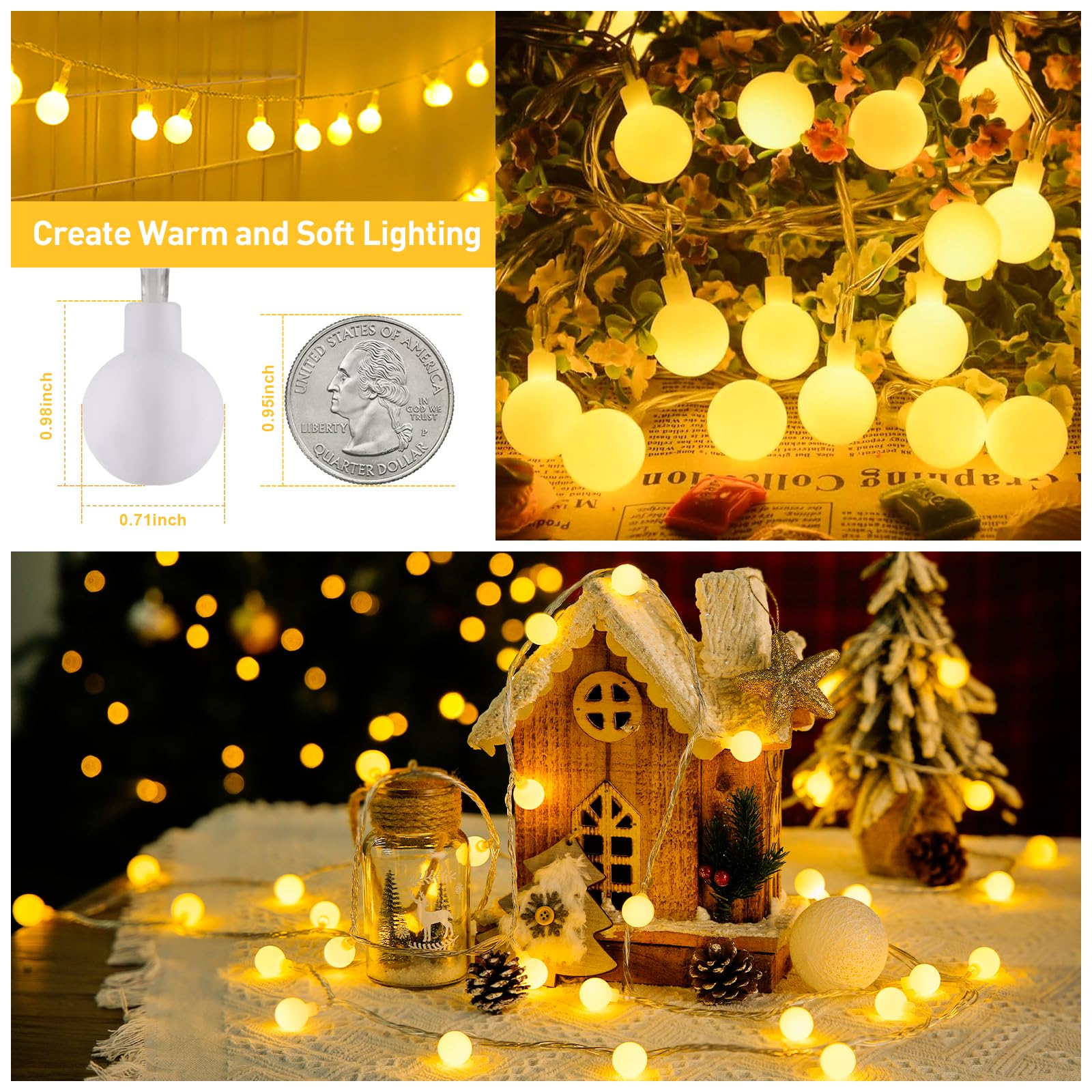 JMEXSUSS 100 LED Globe String Lights, Warm White, Battery Operated, Waterproof, 33FT with Remote for Indoor/Outdoor Decor