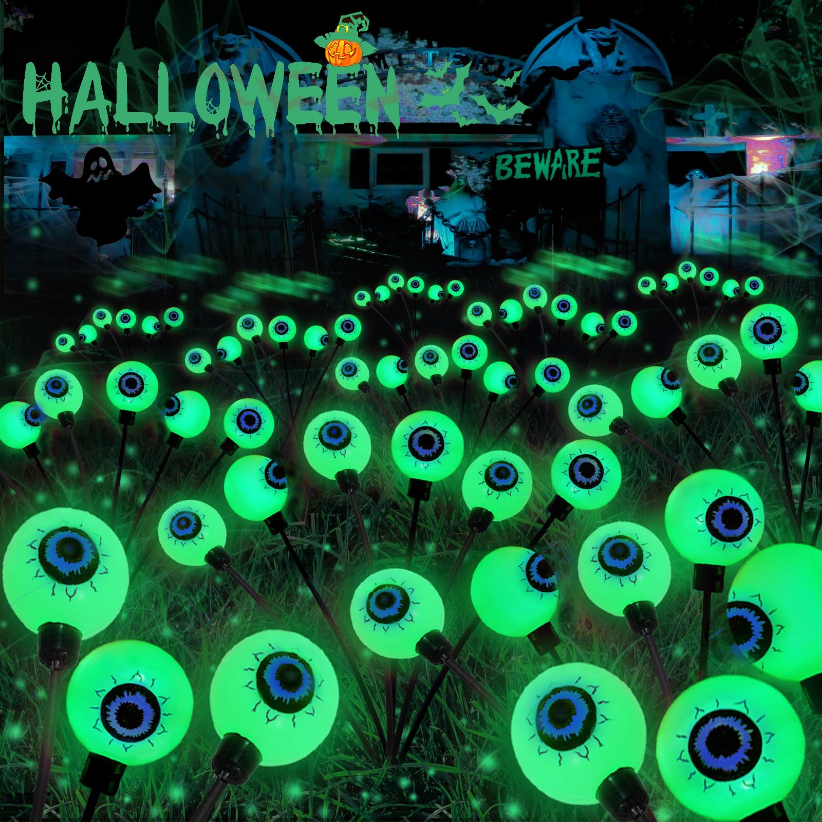 YIQU 6Pack Eyeball Lights, 36LED Solar Halloween Decorations, Waterproof Green, for Garden Pathway Grave Decor