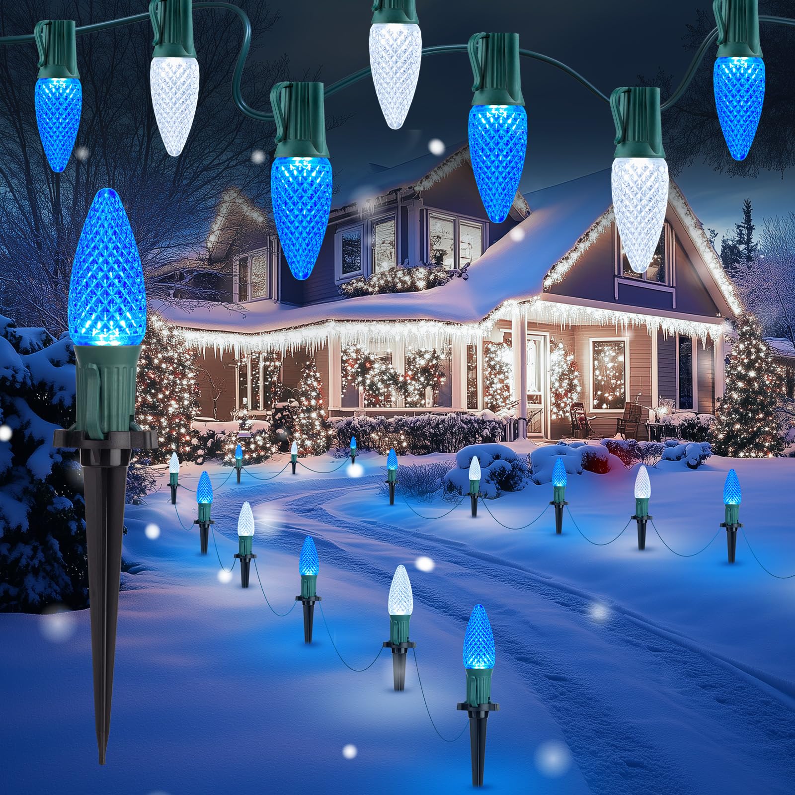 Brightown C9 Christmas Lights - 25.7 Ft Outdoor Pathway Lights with 20 LED Bulbs, Blue and White, Model GY-C-50.6-U-B1
