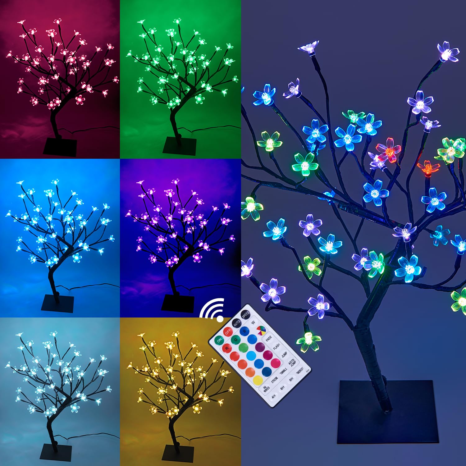 LIGHTSHARE Cherry Blossom Bonsai Tree with 48 LED Lights, RGB Color, Remote Control, Metal Base, Model 24V-IP44-SAA-DC-6W