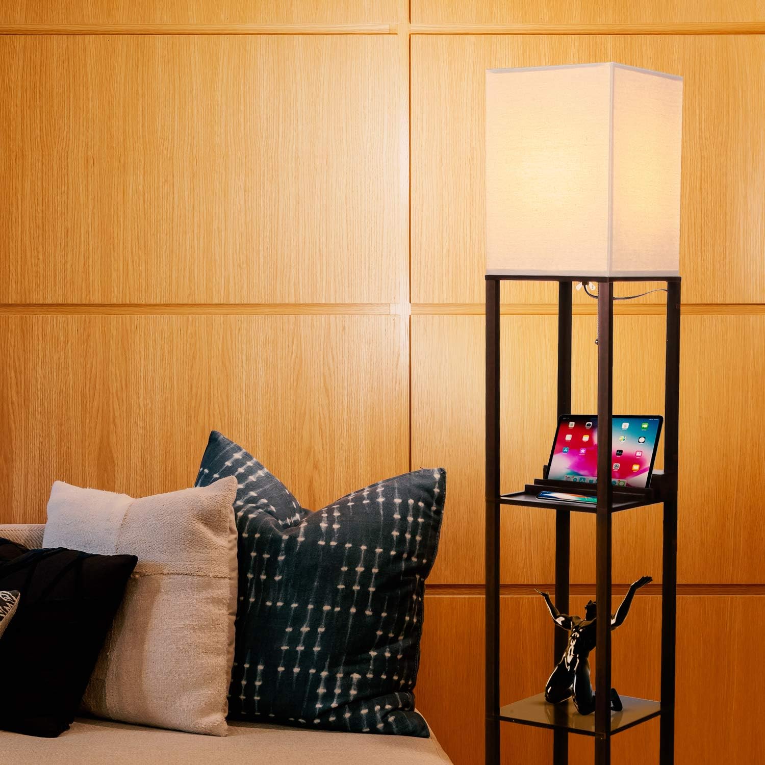 Brightech Maxwell Modern Shelf Floor Lamp with USB Ports & Outlet, Wood, Havana Brown, Model C3-7HW9-LHTV