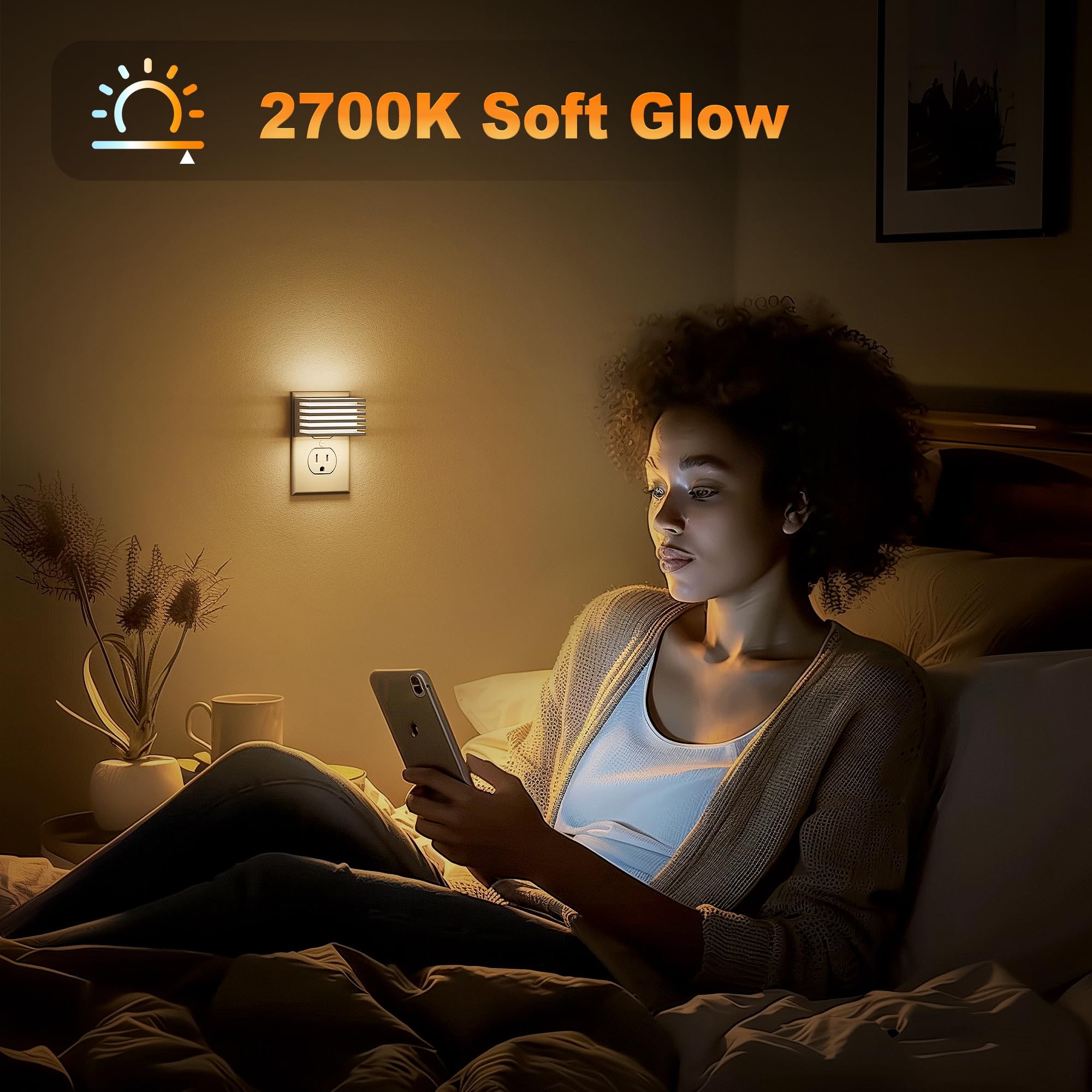 JandCase LED Night Light with Dusk to Dawn Sensor, Dimmable, 3000K Soft White, Warm - White Shade, 2 Pack for Bedroom & Bathroom