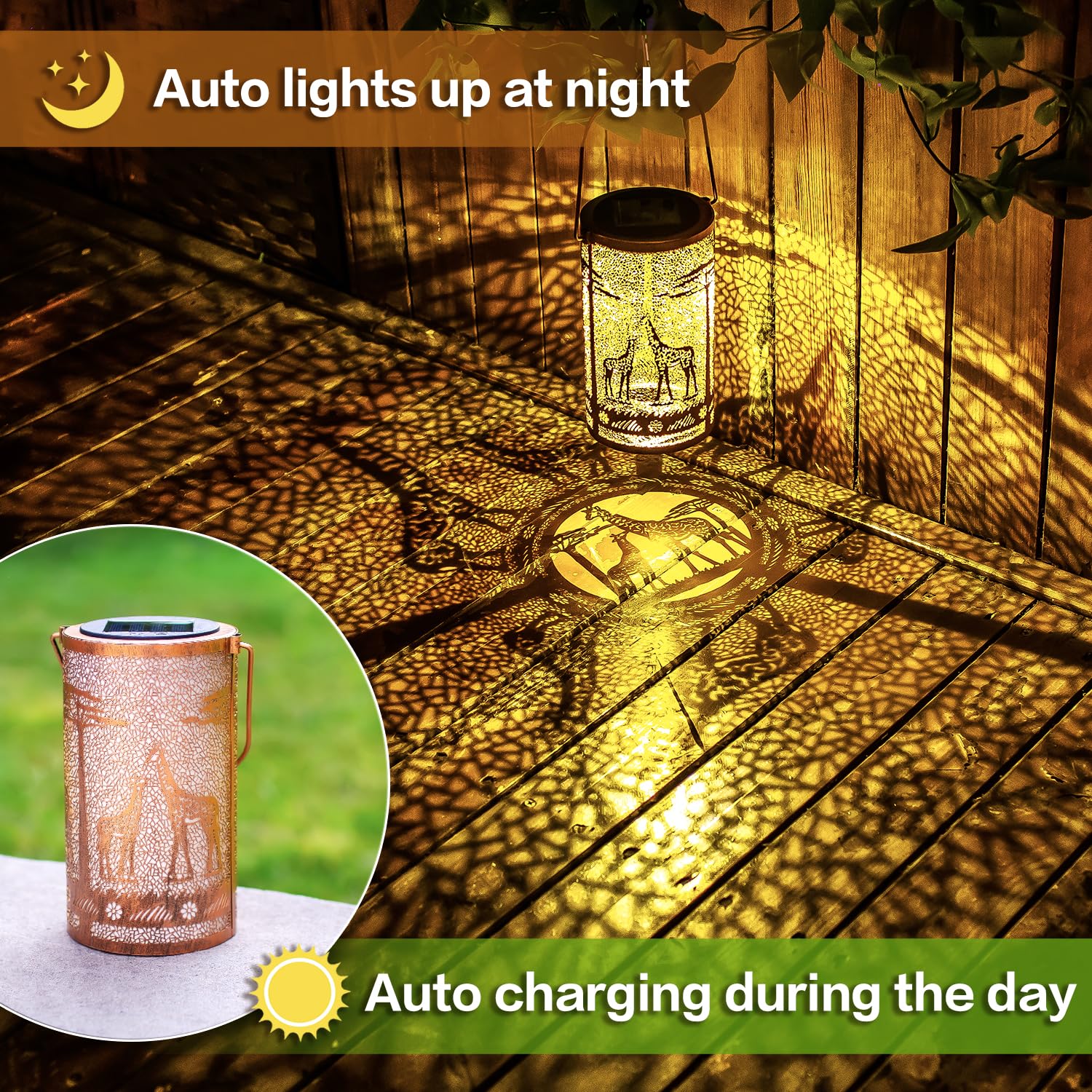 EZTZEN Giraffe Solar Lanterns - 2 Pack, Waterproof Metal Decorative Lights for Outdoor Garden, Brown, Model HW-DL-044-2pack