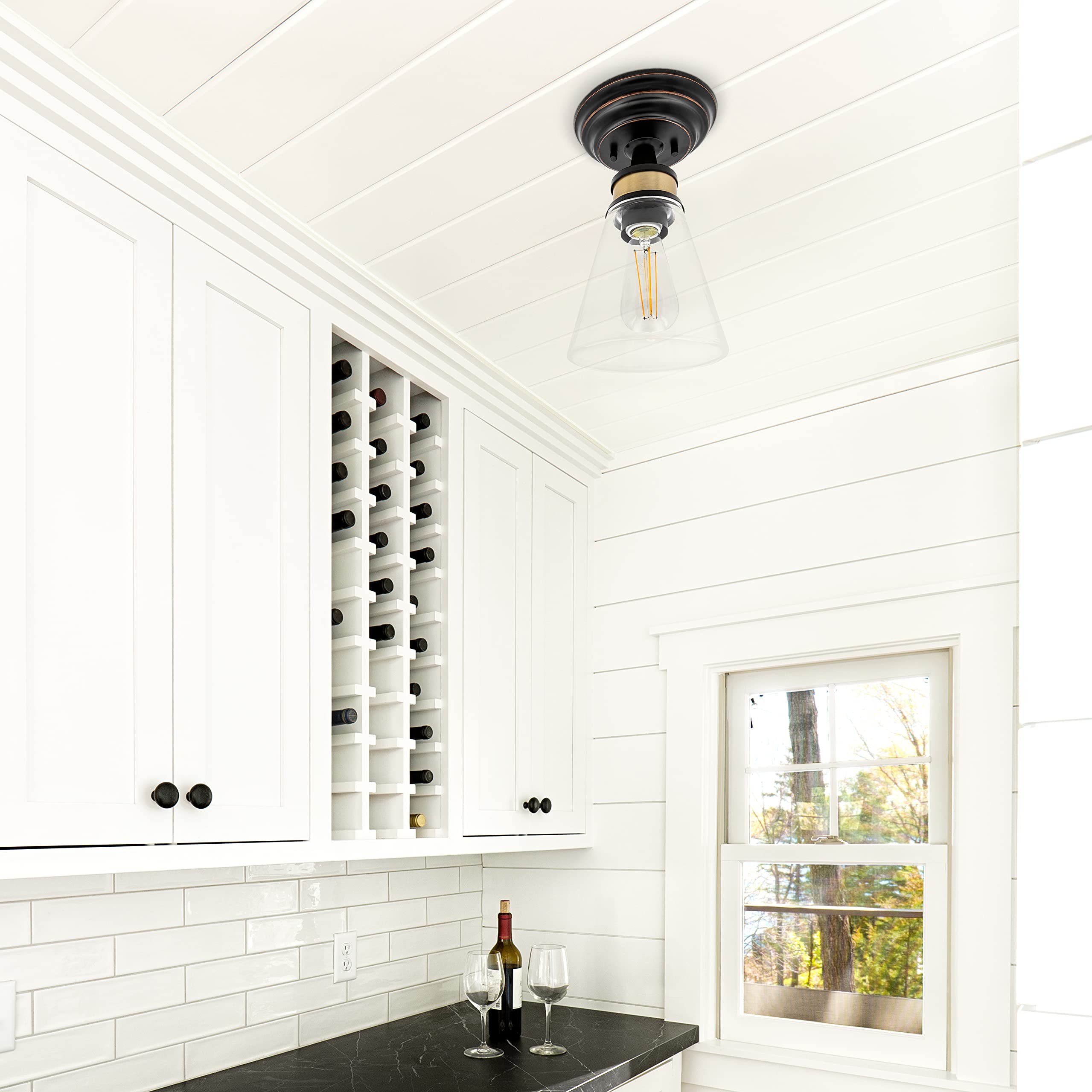Maxxima 9'' Led Semi-Flush Mount Glass Ceiling Light Fixture W/ St19 Edison Bulb, Black W/Bronze Trim Fixture, Hallway, Stairway