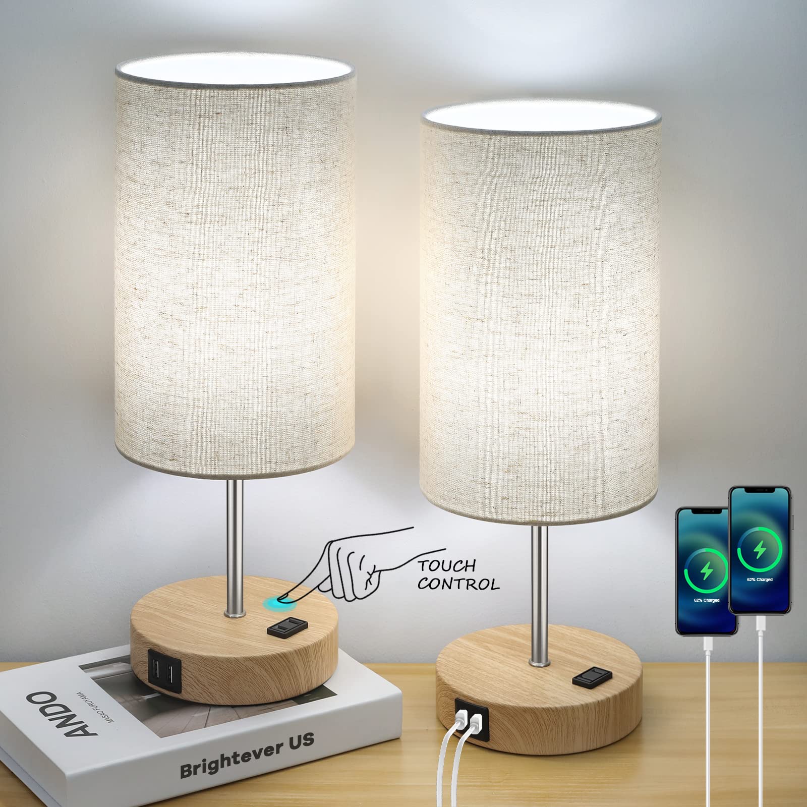 Bedside Table Lamps with 2 USB Charging Ports & AC Outlet, Set of 2 Touch Control Wooden Base Nightstand 3-Way Dimmable Lamps wi