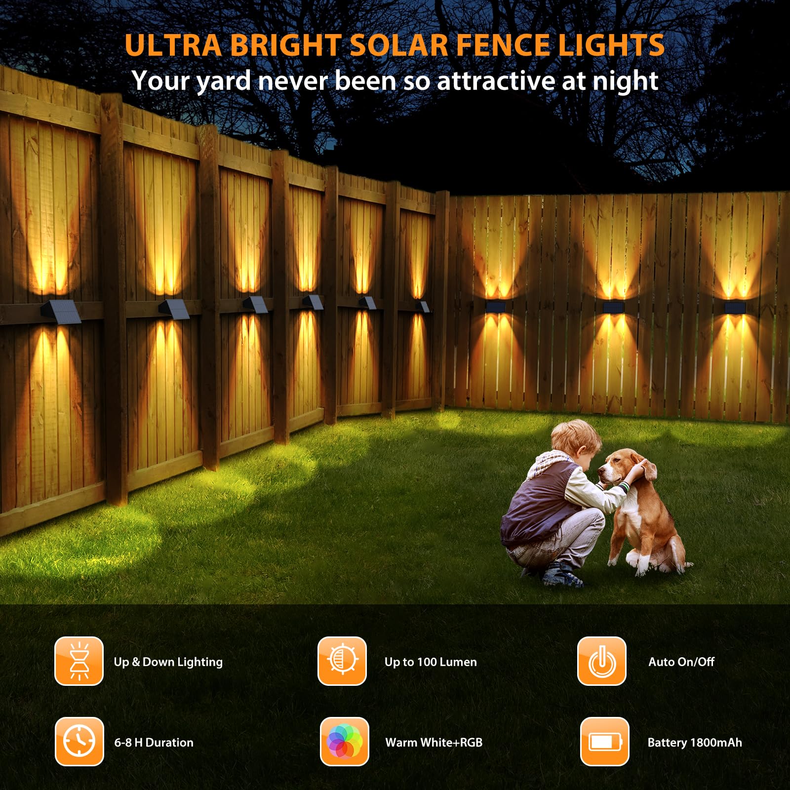 Solar Fence Lights,6Pack Solar Lights Outdoor Warm White + Rgb Up & Down Solar Wall Lights Waterproof 100 Lumens Dusk To Dawn So