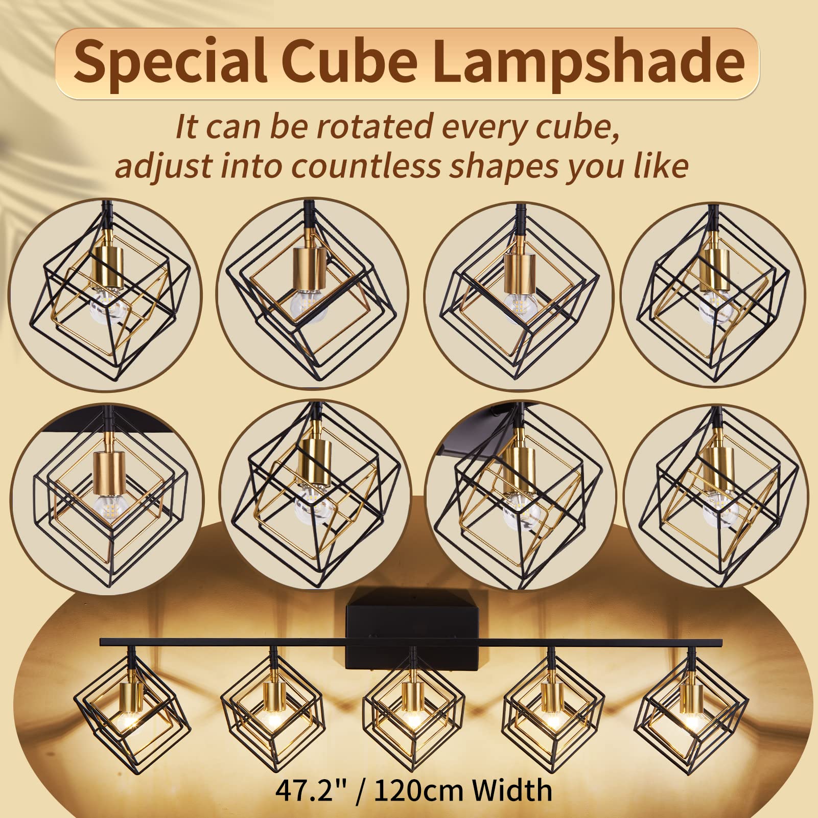 BEHIYA Bathroom Vanity Light - 5-Bulb Modern Fixture, Matte Black with Pineapple Gold, 47.2" Width, Model BE-21S1-V020