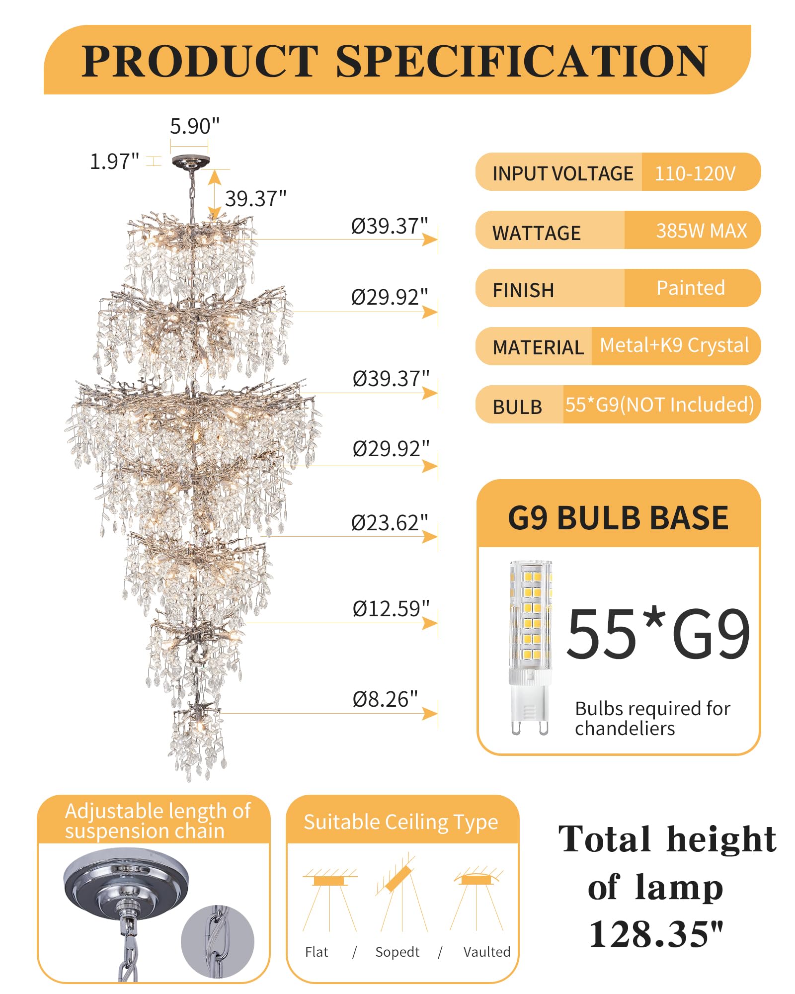 Modern Staircase K9 Chandeliers, Luxury Silver Long 7-Tier Large Foyer Entrance Chandeliers For High Ceiling Big Crystal Chandel