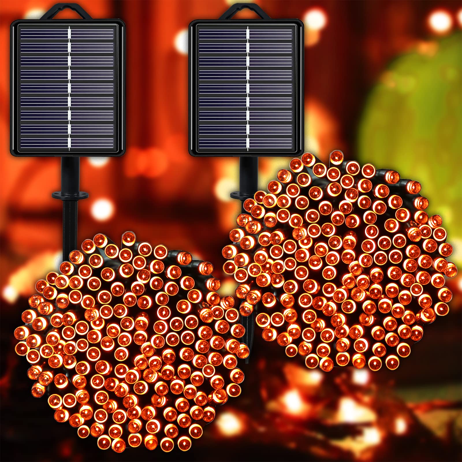 YAOZHOU Solar Halloween String Lights, 144ft, 400 LED, 8 Modes, IP44 Waterproof, Orange, 2-Pack