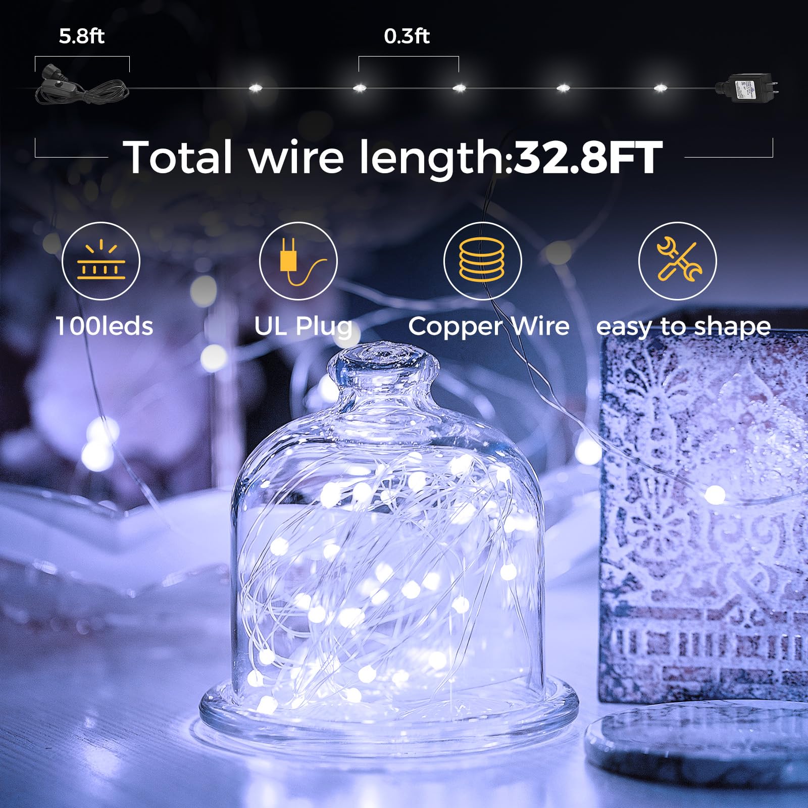 Ariceleo 33 Ft Fairy Lights, 100 LED Waterproof Copper Wire, Cool White, Model QC-DC-100L, Indoor Outdoor String Lights, 1 Pack