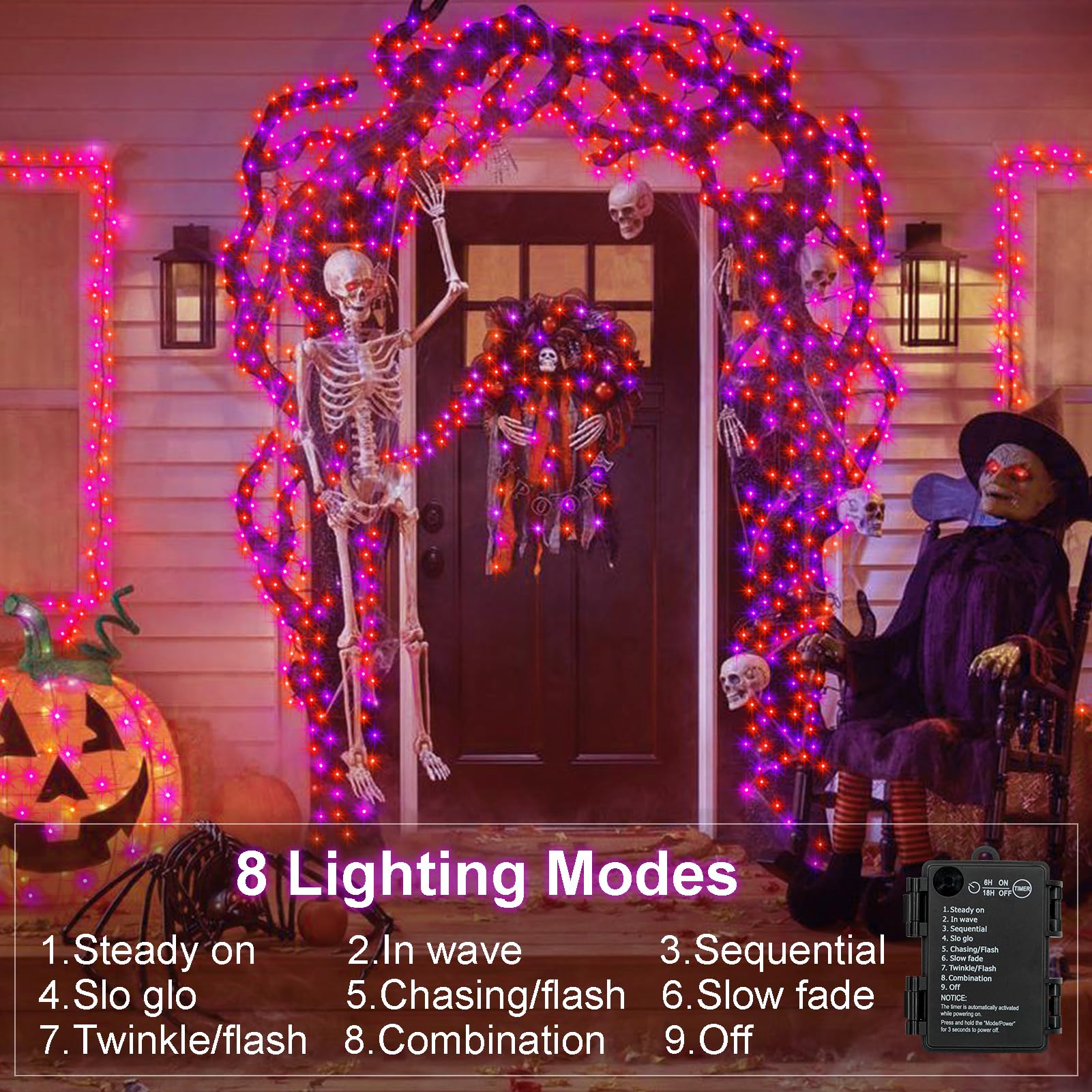 Bsglobal Purple Orange Halloween String Lights Battery, Total 20Ft 400 Led Cluster String Lights With Timer 8 Modes Firecracker Lights Outdoor Waterproof For Tree Home Decor