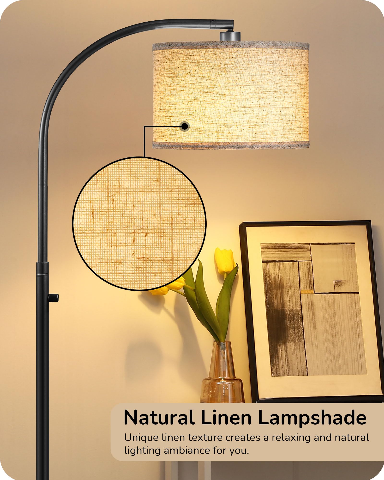 Edishine Black Arc Floor Lamp Dimmable, Standing Lights With Rotary Switch & Adjustable Line Lampshade, Tall Standing Lamp For B