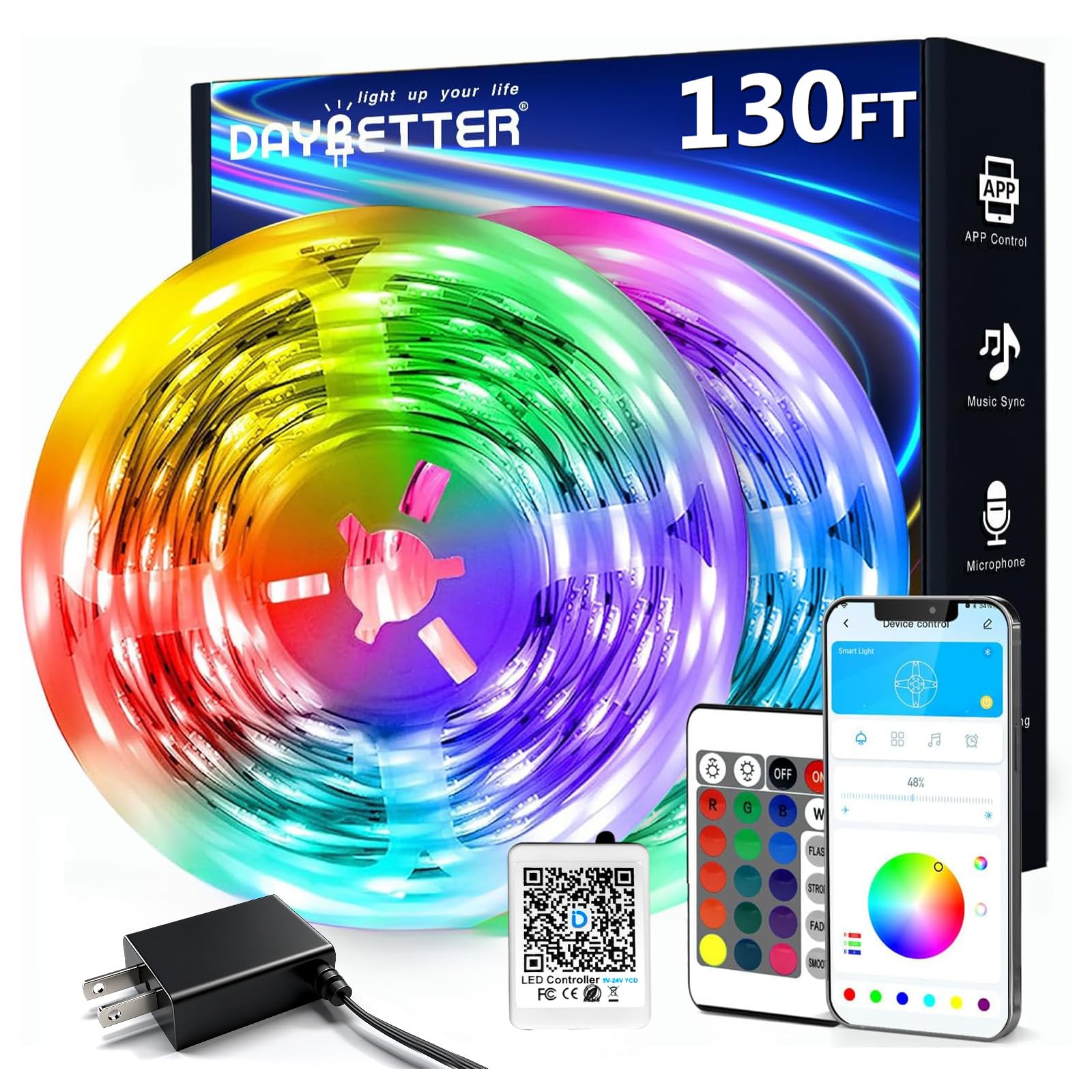 DAYGameTER LED Band Lights 130 ft (2 Rolls of 65.6ft)  LED Lights Smart App Control Lighting Bedroom Rome Decor with Remote  RGB Music Sync Color Changing LED Lights for Bedroom Party