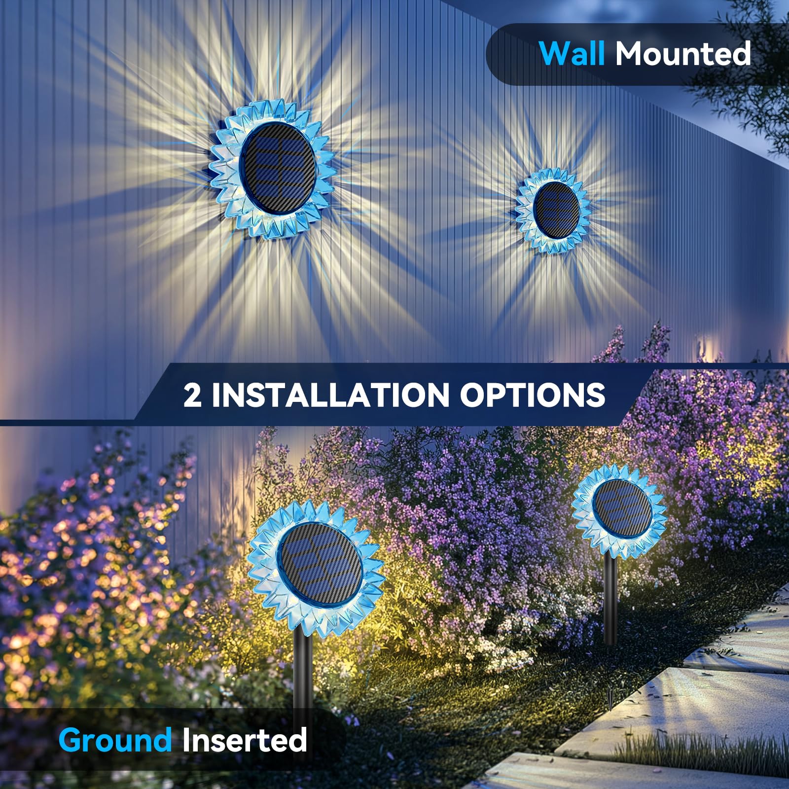 VGYVGYCC Solar Garden Lights - Upgraded Sunflower, 6 Pack, Waterproof IP67, Blue-Warm White, 2-In-1 Ground/Wall Decor