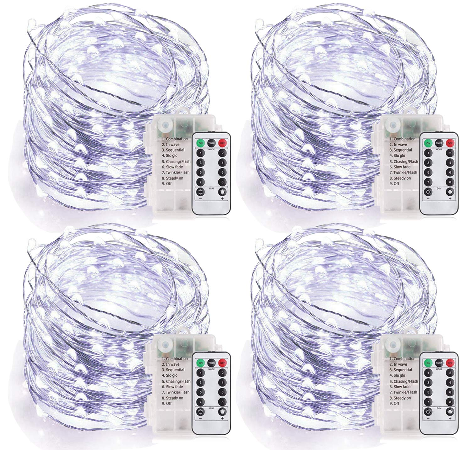 MUMUXI Fairy Lights with Remote Control [Set of 4], 33 Ft 100 LED Battery Operated String Lights | Waterproof & Ideal for Outdoor and Indoor LED Christmas Halloween Lights Battery Powered, Cool White