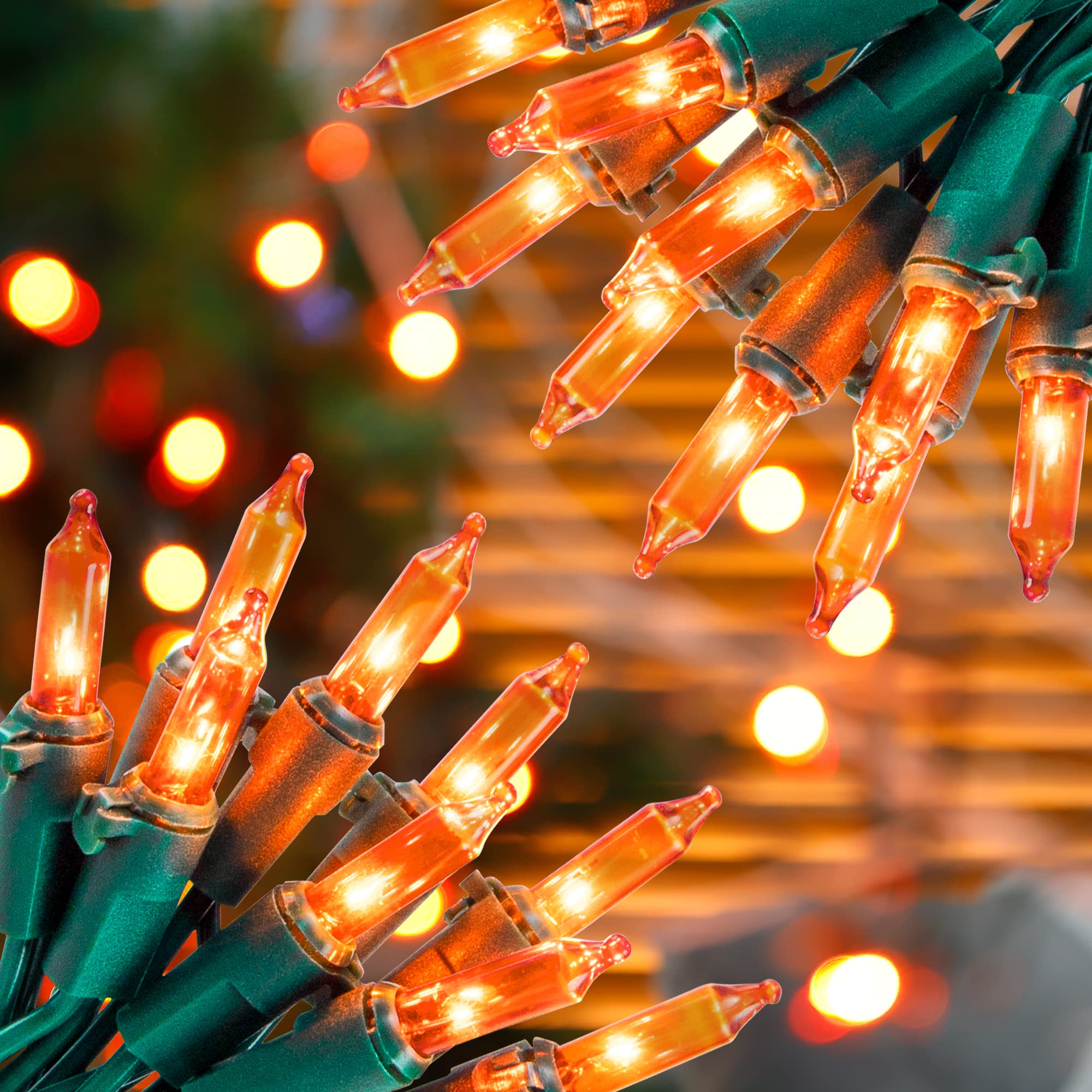 Hopolon Orange Halloween String Lights, 2-Pack 50 LED, 13ft, Waterproof, Plug-in, Green Wire, Ideal for Thanksgiving Party Decor