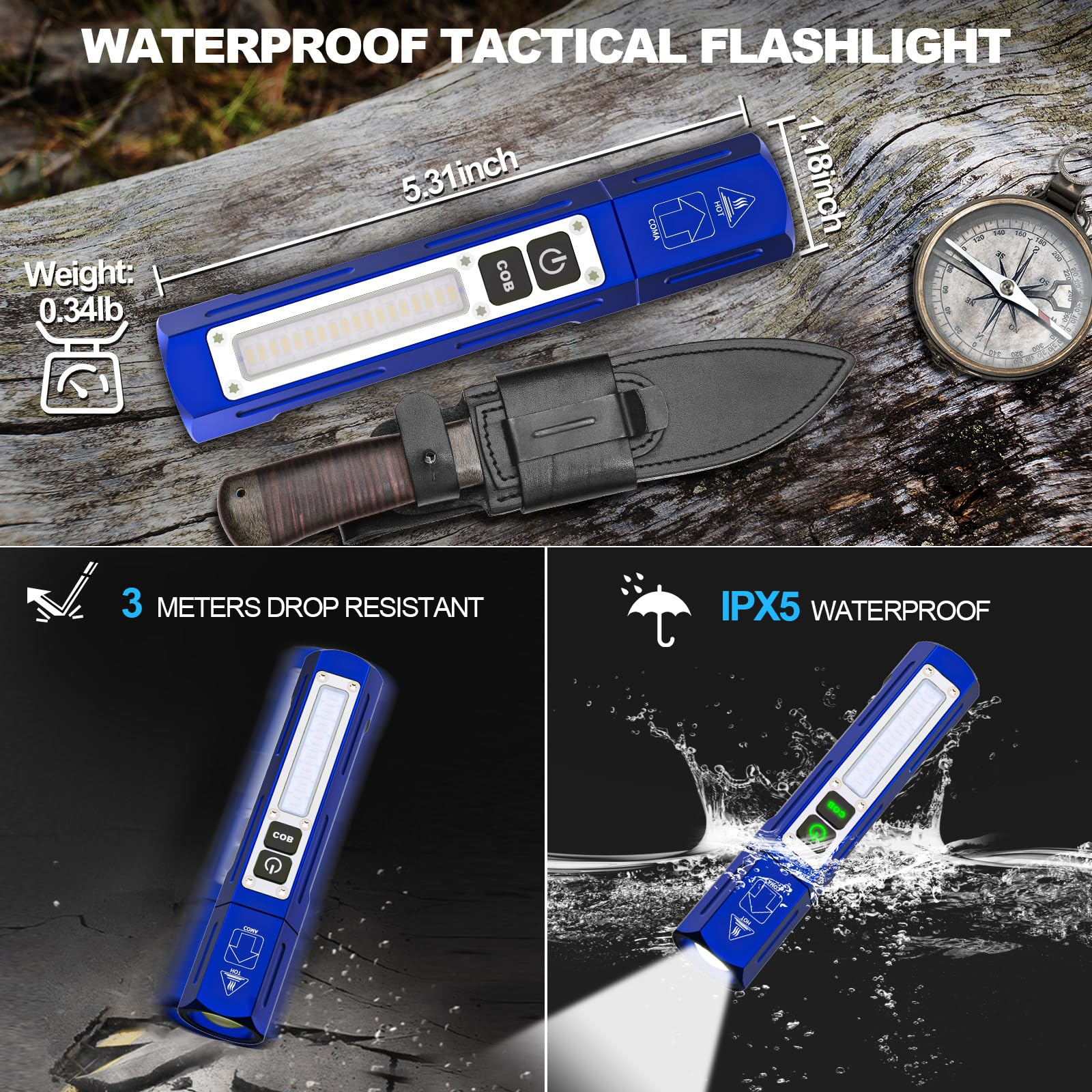 Banral High Lumens Rechargeable Flashlight - 8 Modes, Aluminum, Klein Blue, Model K-2309C-PB, Compact Magnetic Design for Camping