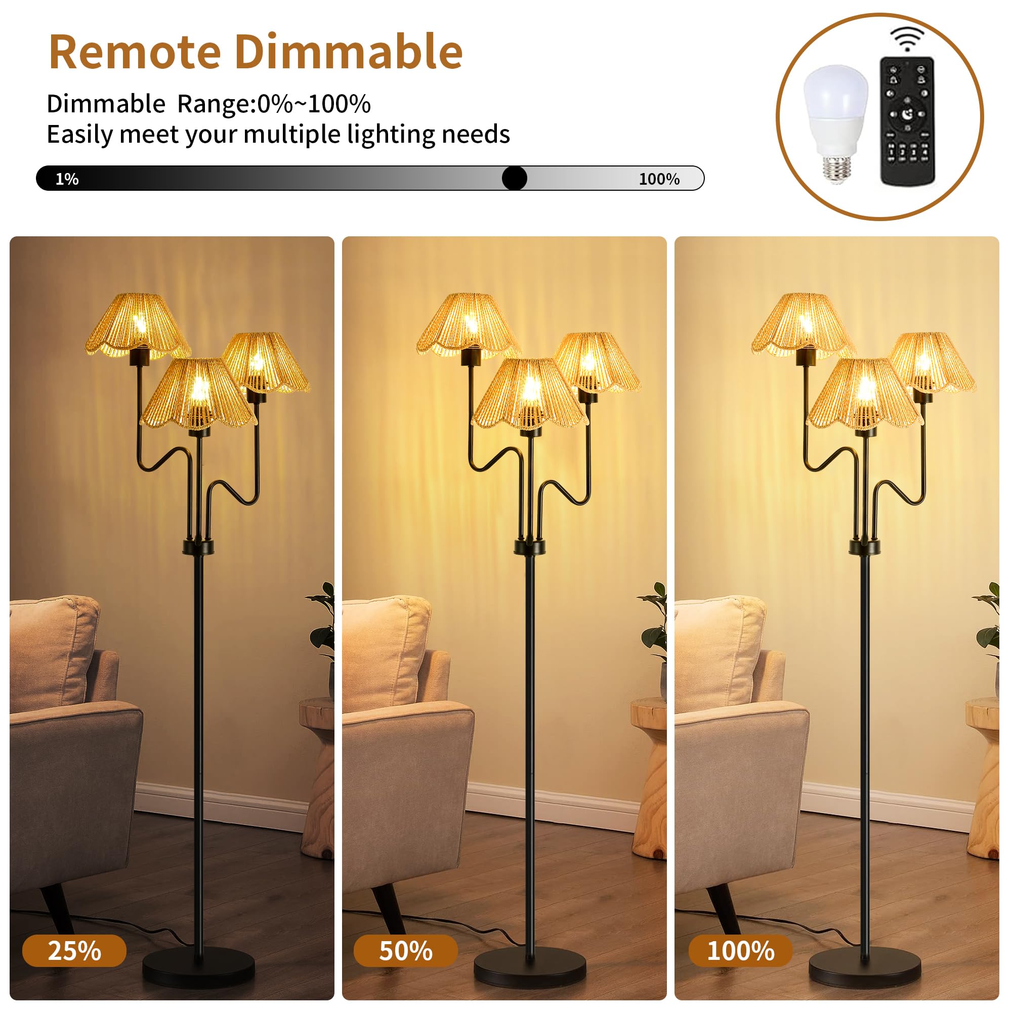 Zecoxol Rattan Floor Lamp For Living Room Bedroom,3-Light Floor Lamp With Remote Control,Boho Flower Lamp Black Tree Standing La