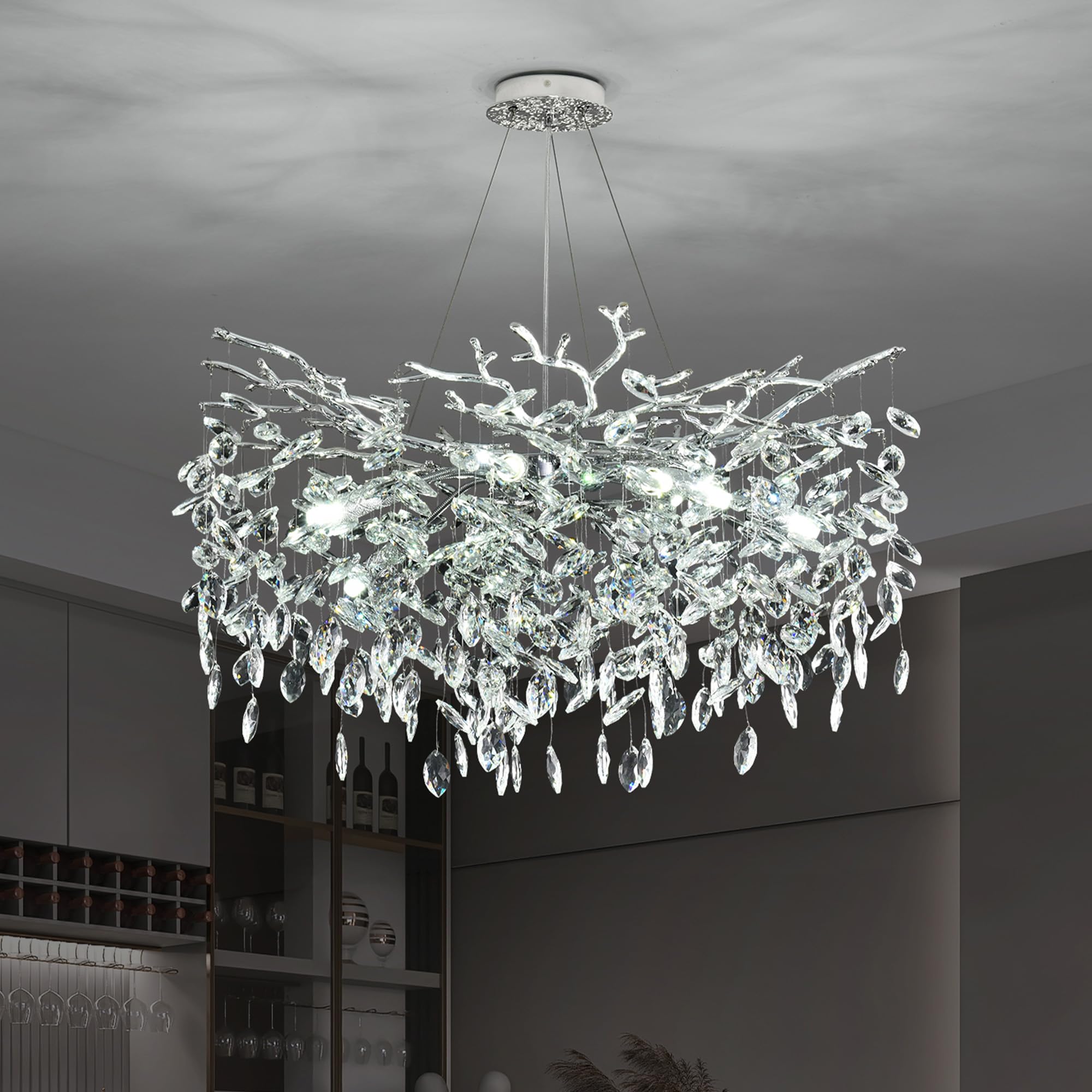 Upfelw Modern Crystal Tree Branch Chandelier  D23.7 Round Silver Raindrop Indoor Hanging Ceiling Lighting Fixture for Dining Room Living Room Bedroom Foyer 8 Lights