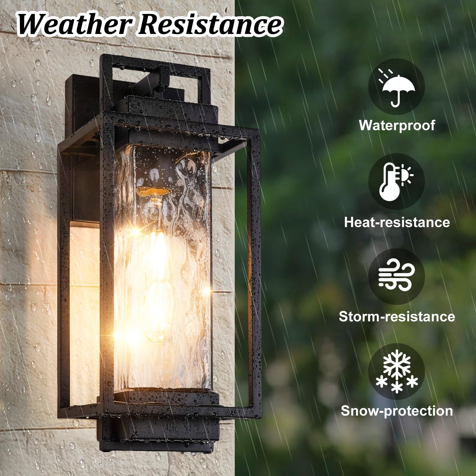 BesLowe 2-Pack Outdoor Wall Lights, Black, Water Ripple Glass, 15” Fixtures, Model 5271XX