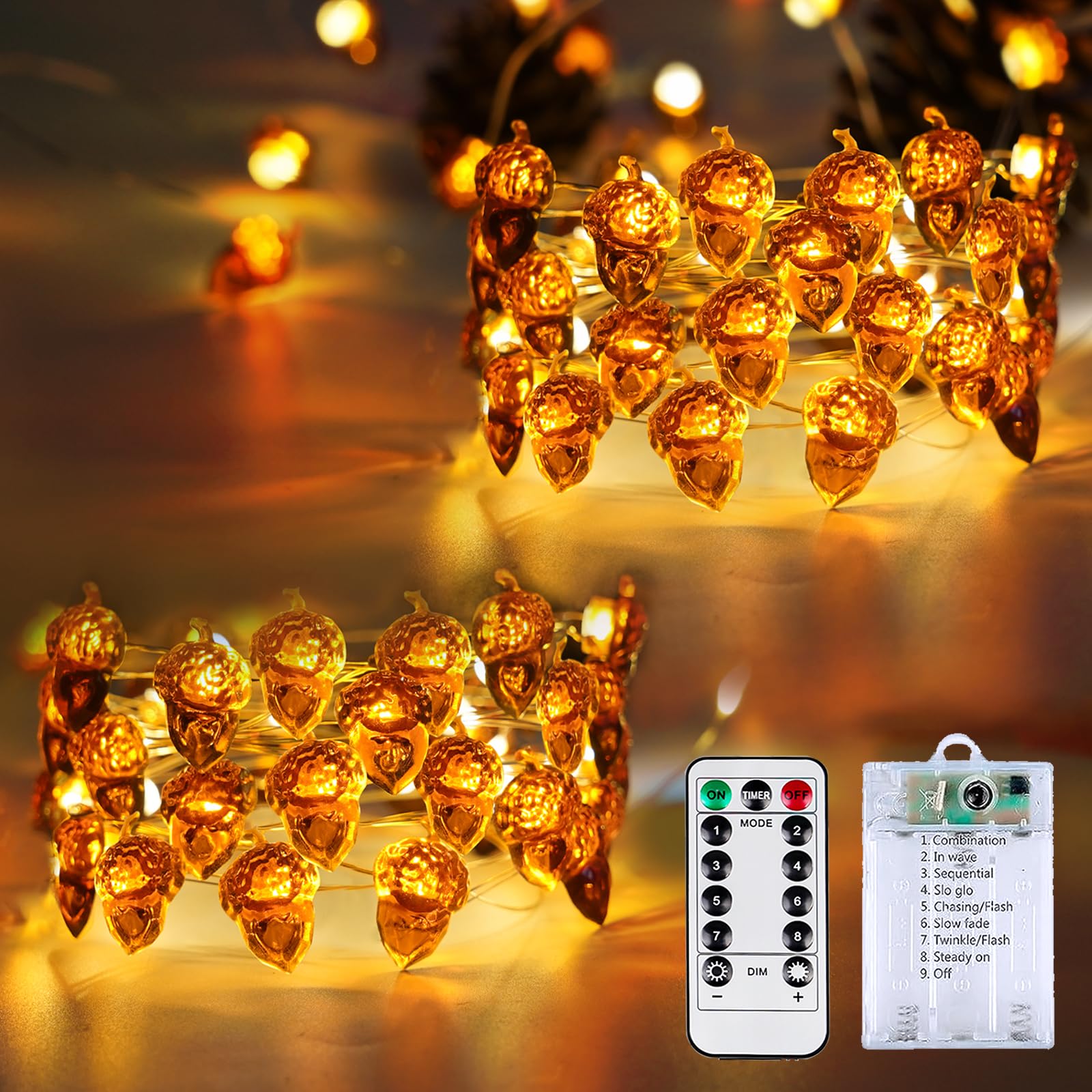 2 Pack 60LED Fall Decoration Acorn String Light Battery Operated  20FT Fall Lights with Remote  Waterproof 8 Modes Fairy Lights for Autumn Harvest Thanksgiving Halloween Decor