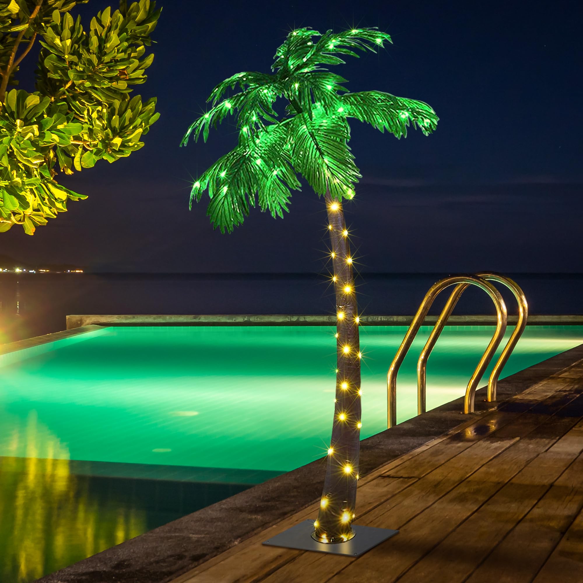 Lightshare 5Ft Solar Gorgeous Palm Tree Artificial Lighted Palm Tree, 56Led Lights, Decoration For Office, Home, Party, Christmas, Nativity, Outside Patio