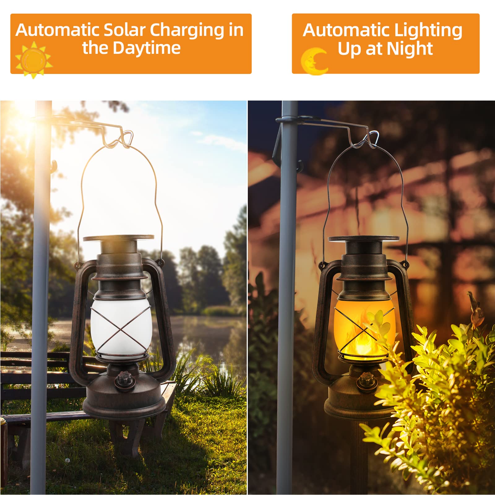 KINGLEAD Solar Lanterns, LED Vintage Flickering Flame, Waterproof Bronze, Heavy Duty, 2-Pack for Patio Garden Yard Deck