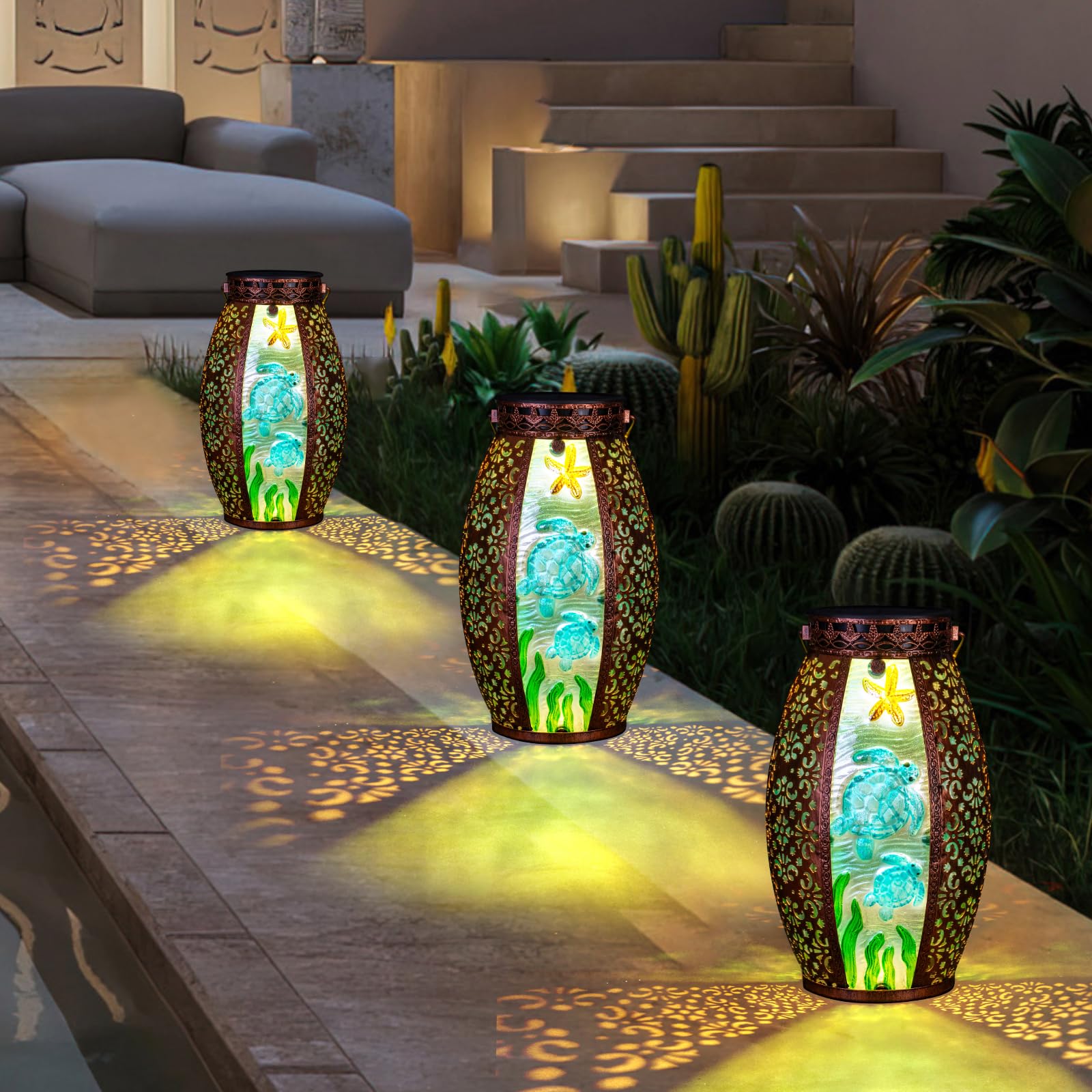 Outdoor Solar Lantern-Waterproof Turtles Hanging Metal Decorative Lights For Patio Table Garden Pathway Yard With Super Bright W