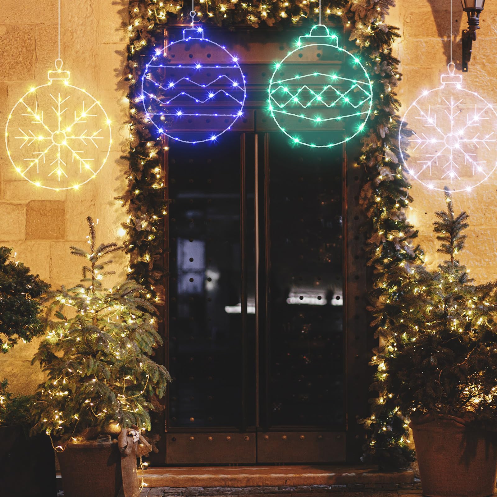 VIHOSE Christmas Window Lights - 6PC Icicle Hanging Decor, Metal, Red/Green/Gold/Blue/Orange/Cool White, Model ANB-VIHOSE-15828